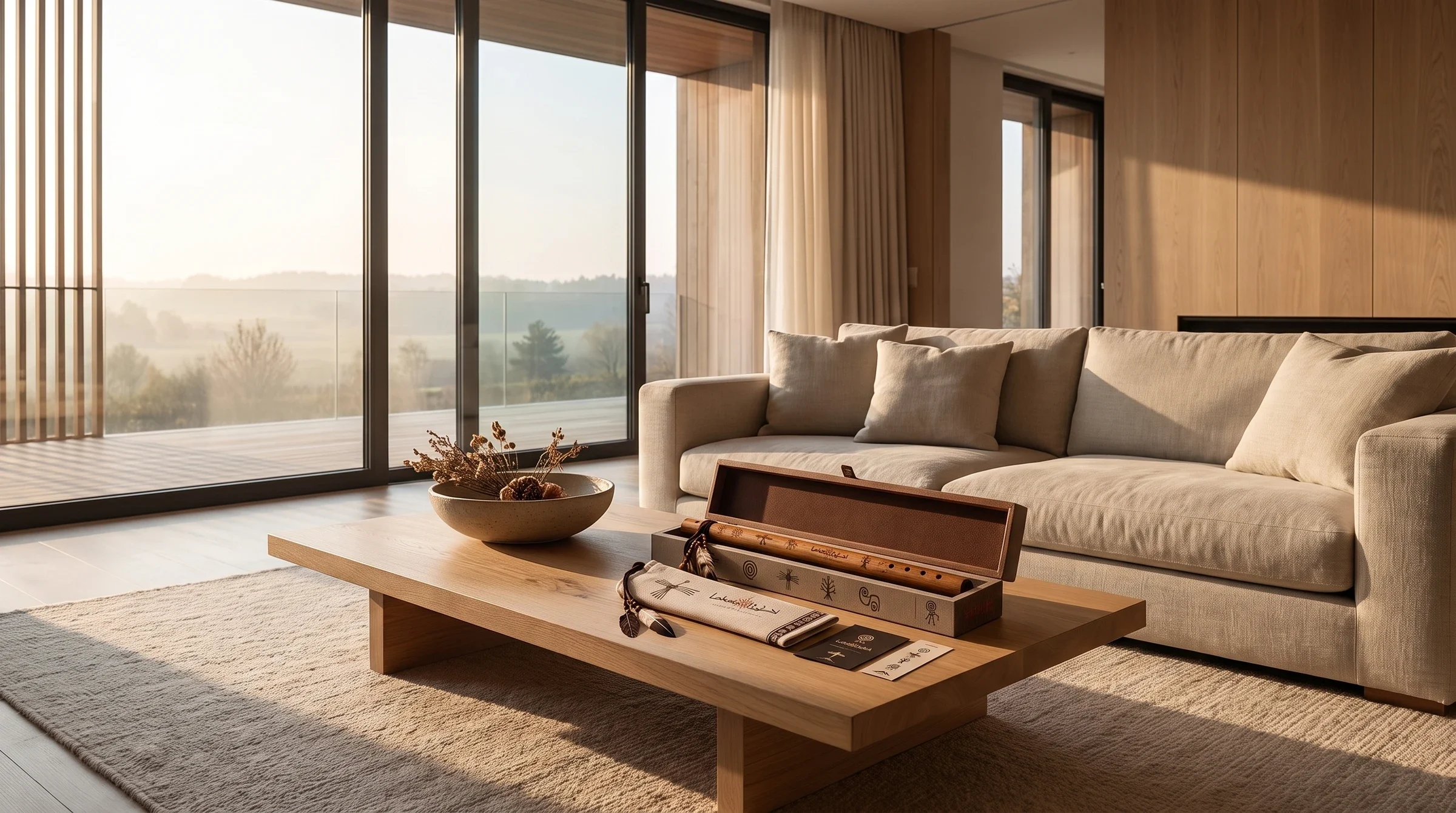 Packaged Lakota flute on a coffee table in a warm interior