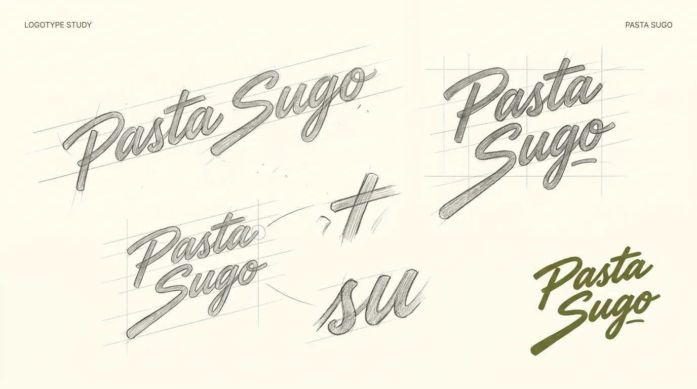 Pencil studies showing the development of the Pasta Sugo brush-script logotype
