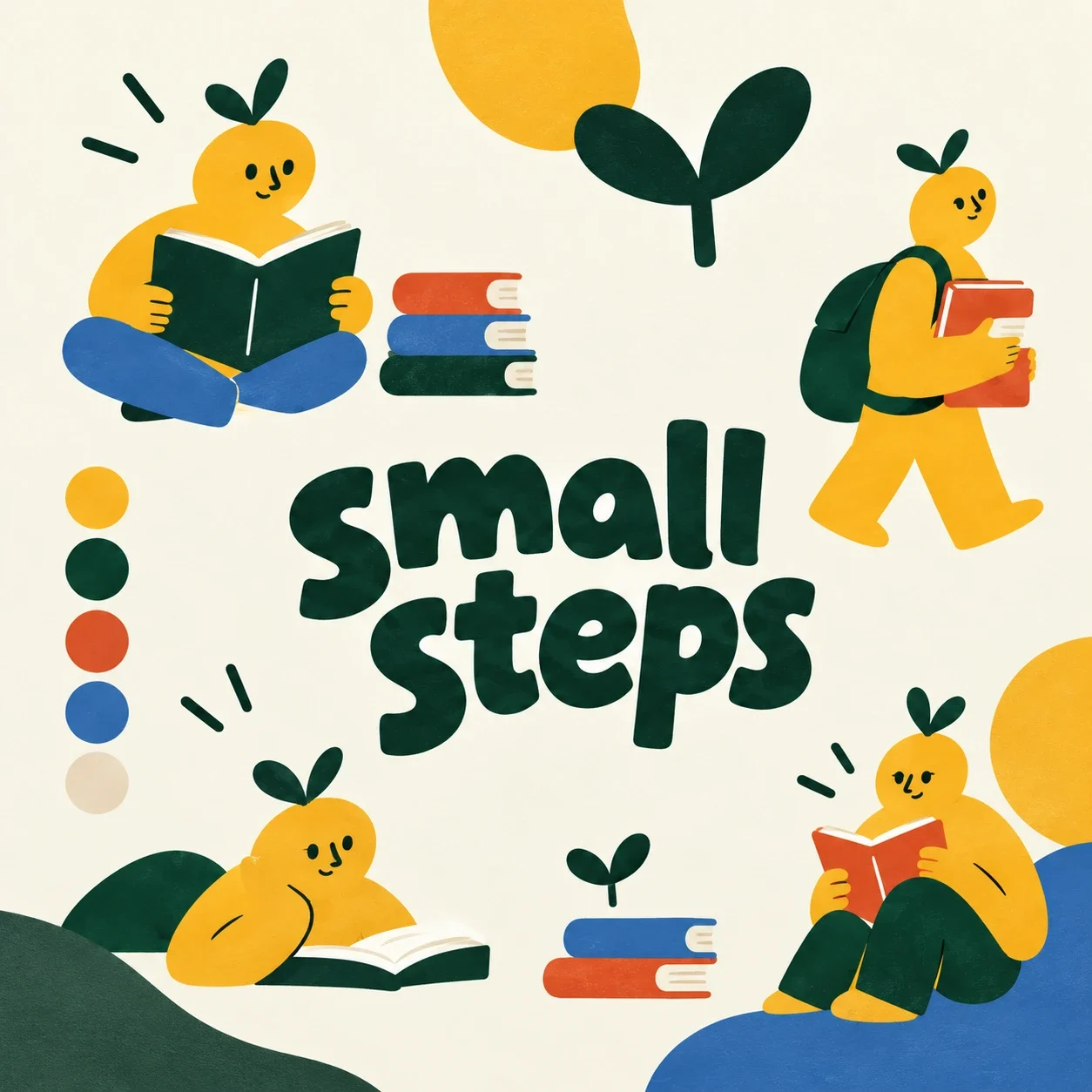 چیدمان هویت Small Steps شامل تصویرسازی، بسته‌بندی، اقلام چاپی و کیف پارچه‌ای.
