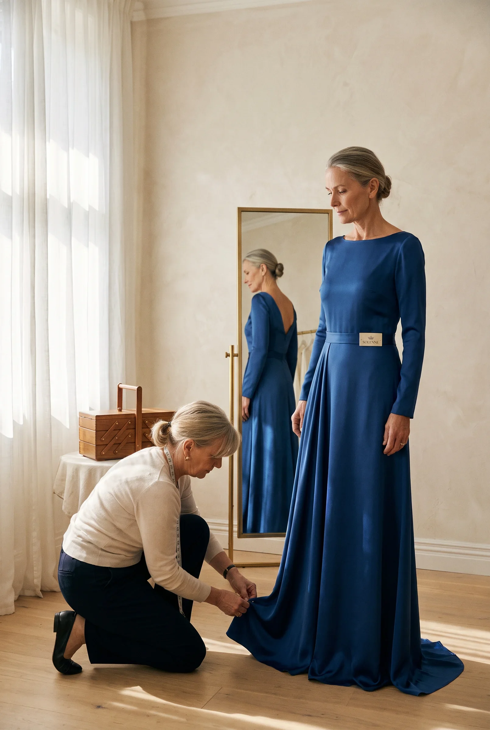 Dressmaker adjusting the hem of a deep blue Solenne gown during a fitting.