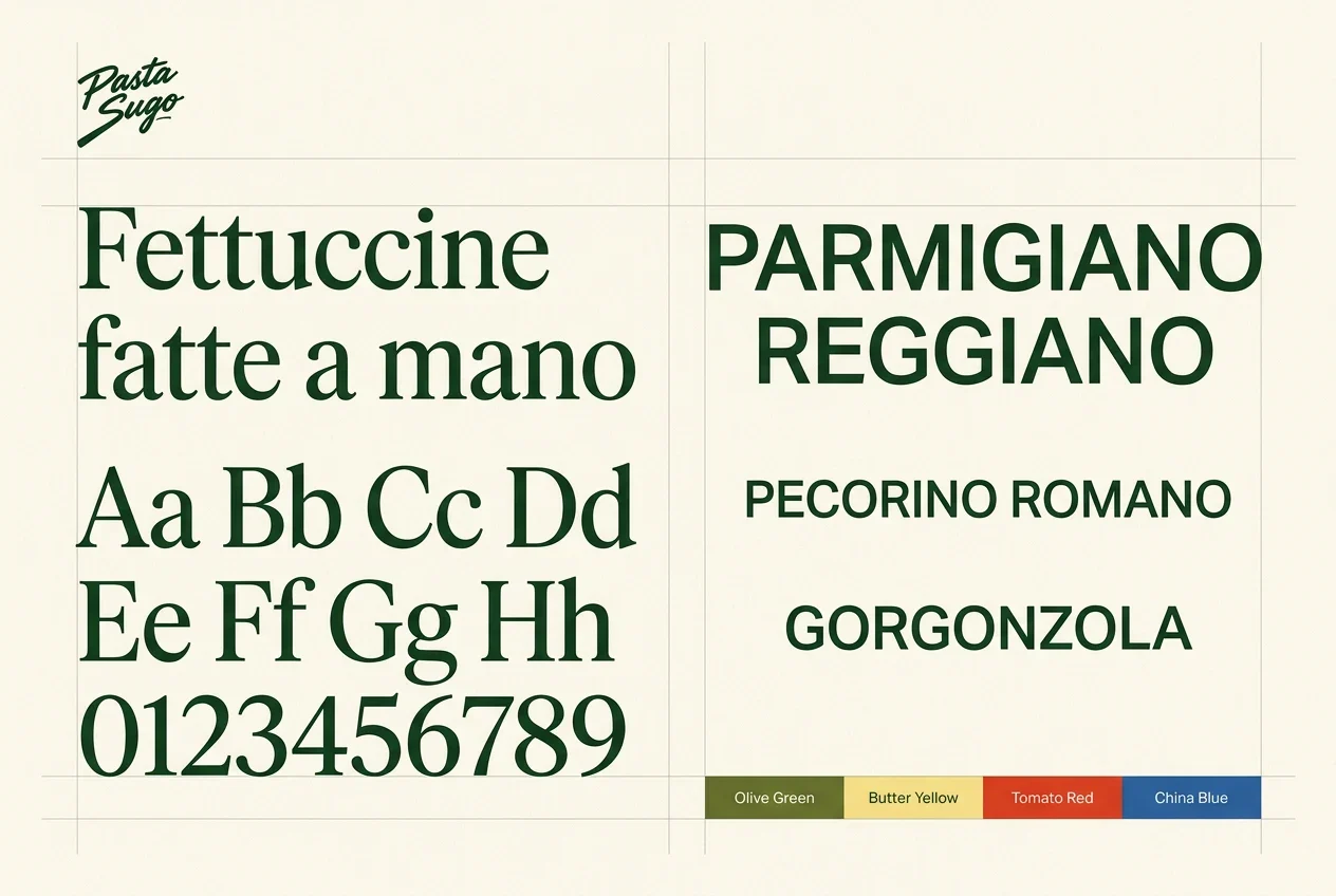 Typography specimens and olive, yellow, red and blue colour palette