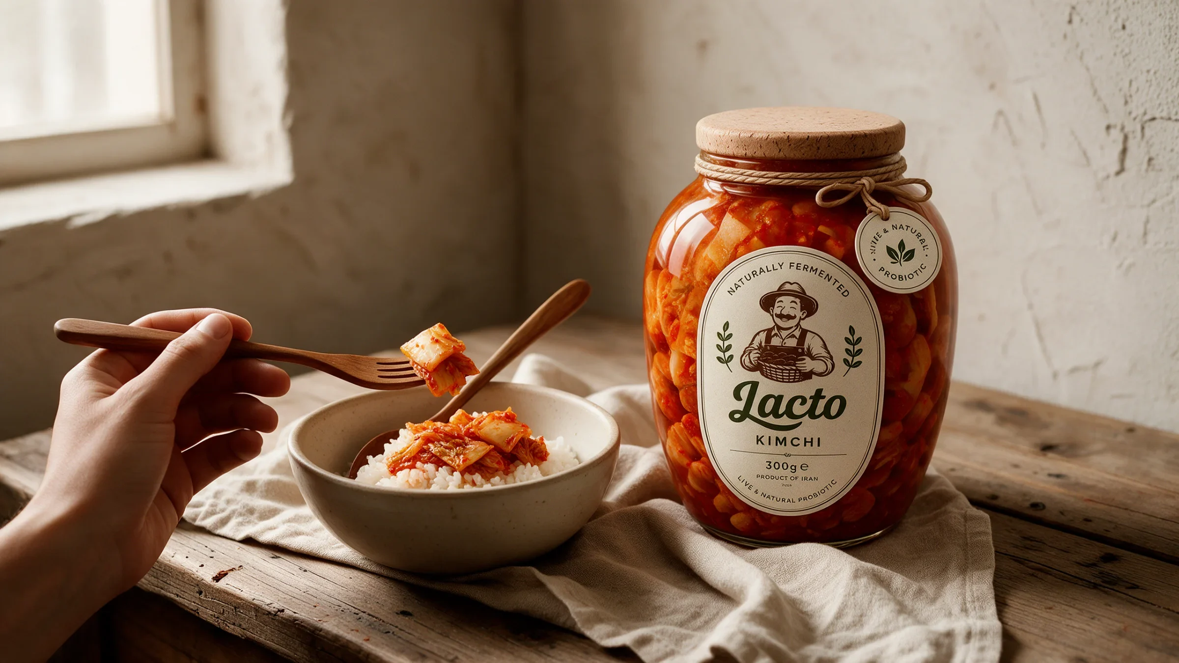 Lacto kimchi jar beside a bowl of kimchi at a sunlit wooden table