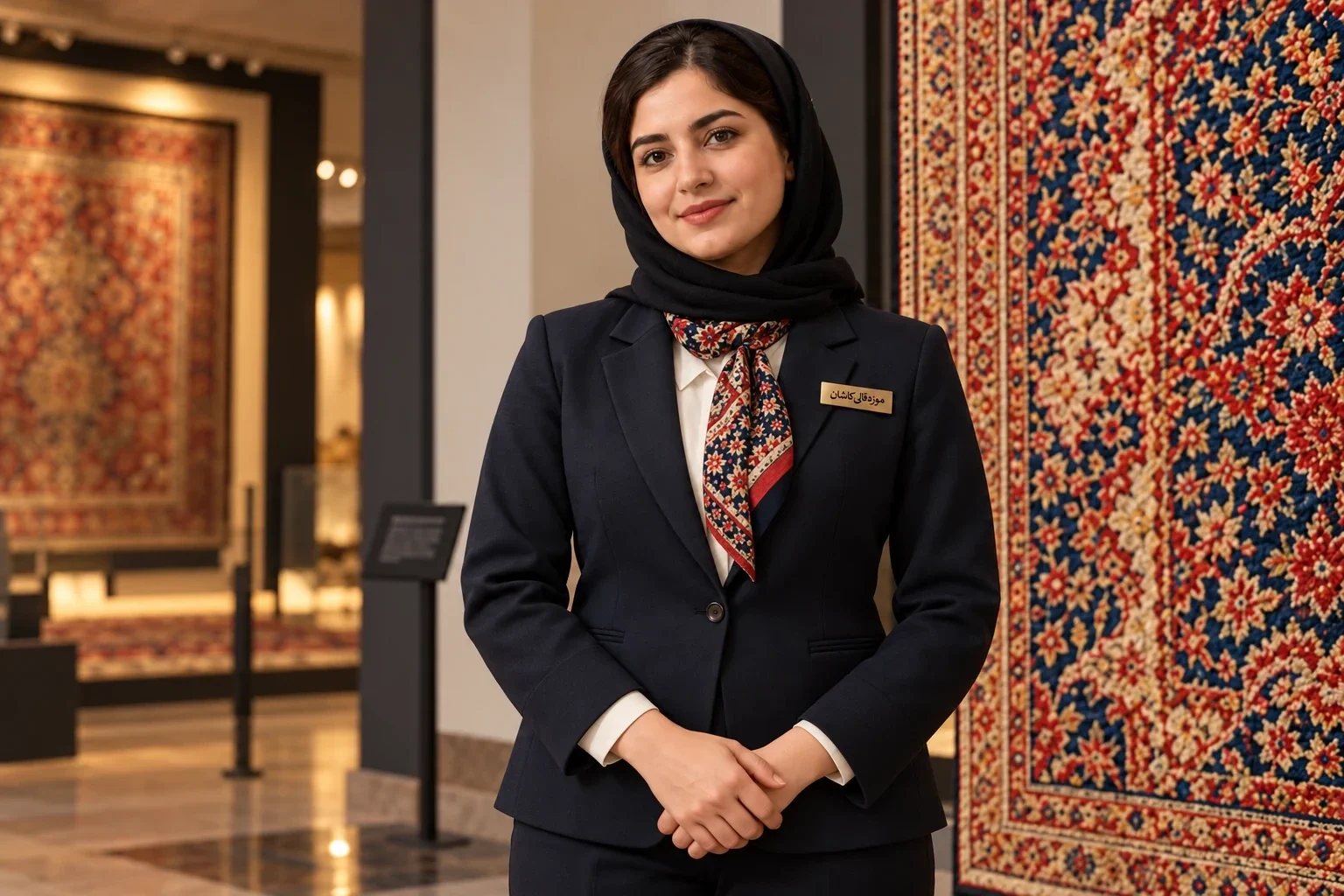 لباس کارکنان موزه با روسری نقش‌دار و نشان نام