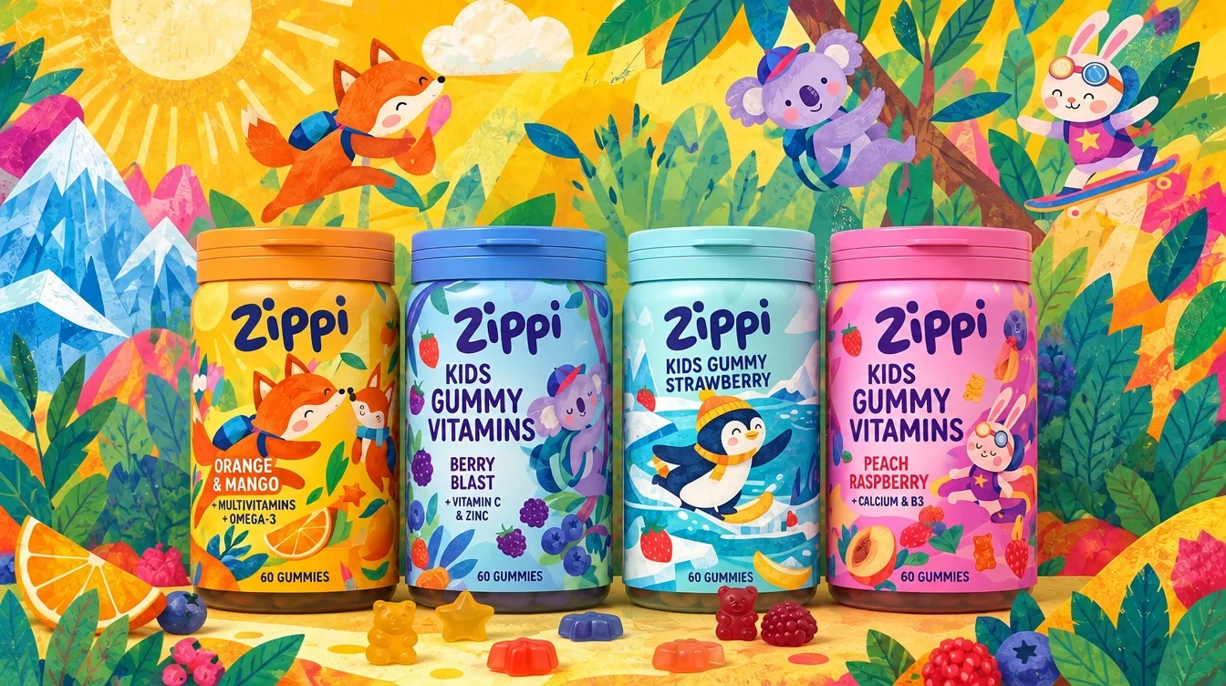 Four Zippi bottle mockups in orange, blue, turquoise and pink, surrounded by fox, koala, penguin and rabbit illustrations.
