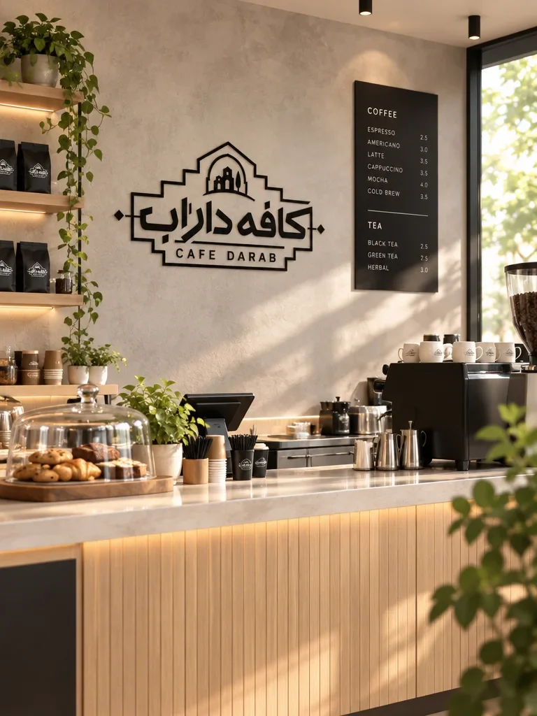 Design visualisation of a café counter with a black wall logo, menu board, wooden frontage and plants.