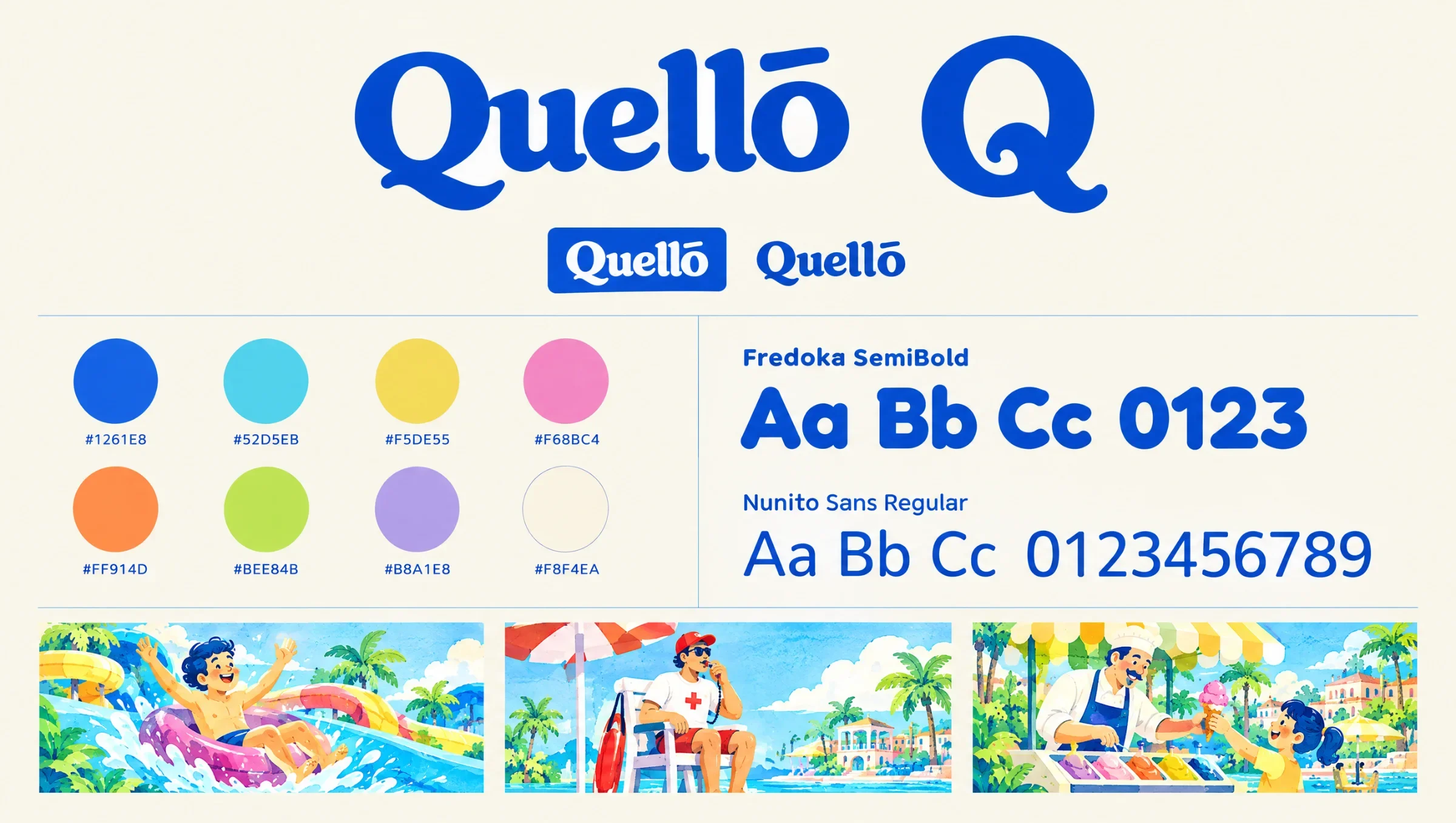 Quello wordmark and Q symbol with the blue, aqua, yellow and pink palette, display and text typography, and illustrated scenes