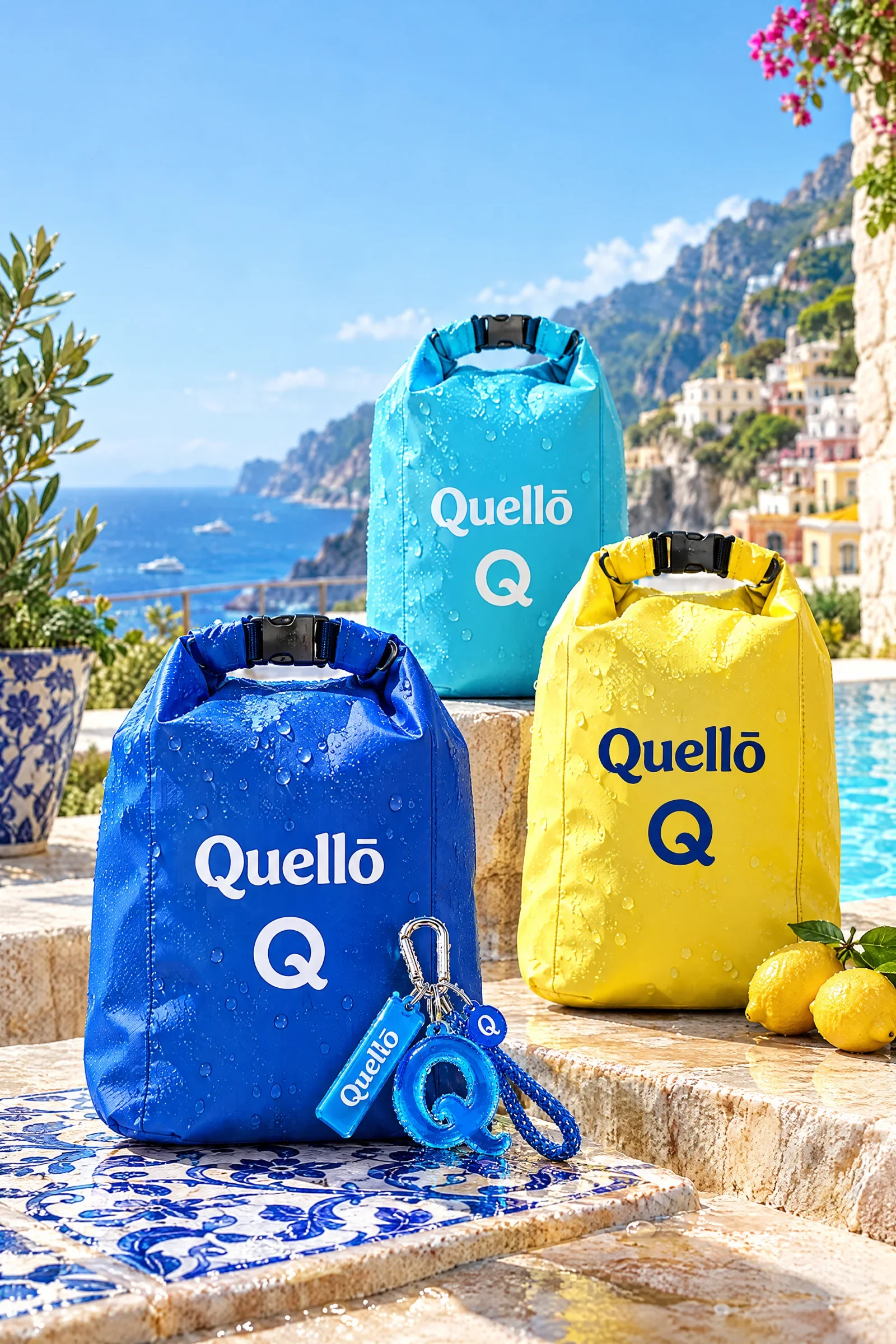 Quello aqua, blue and yellow bags with the wordmark and Q emblem beside matching keyrings