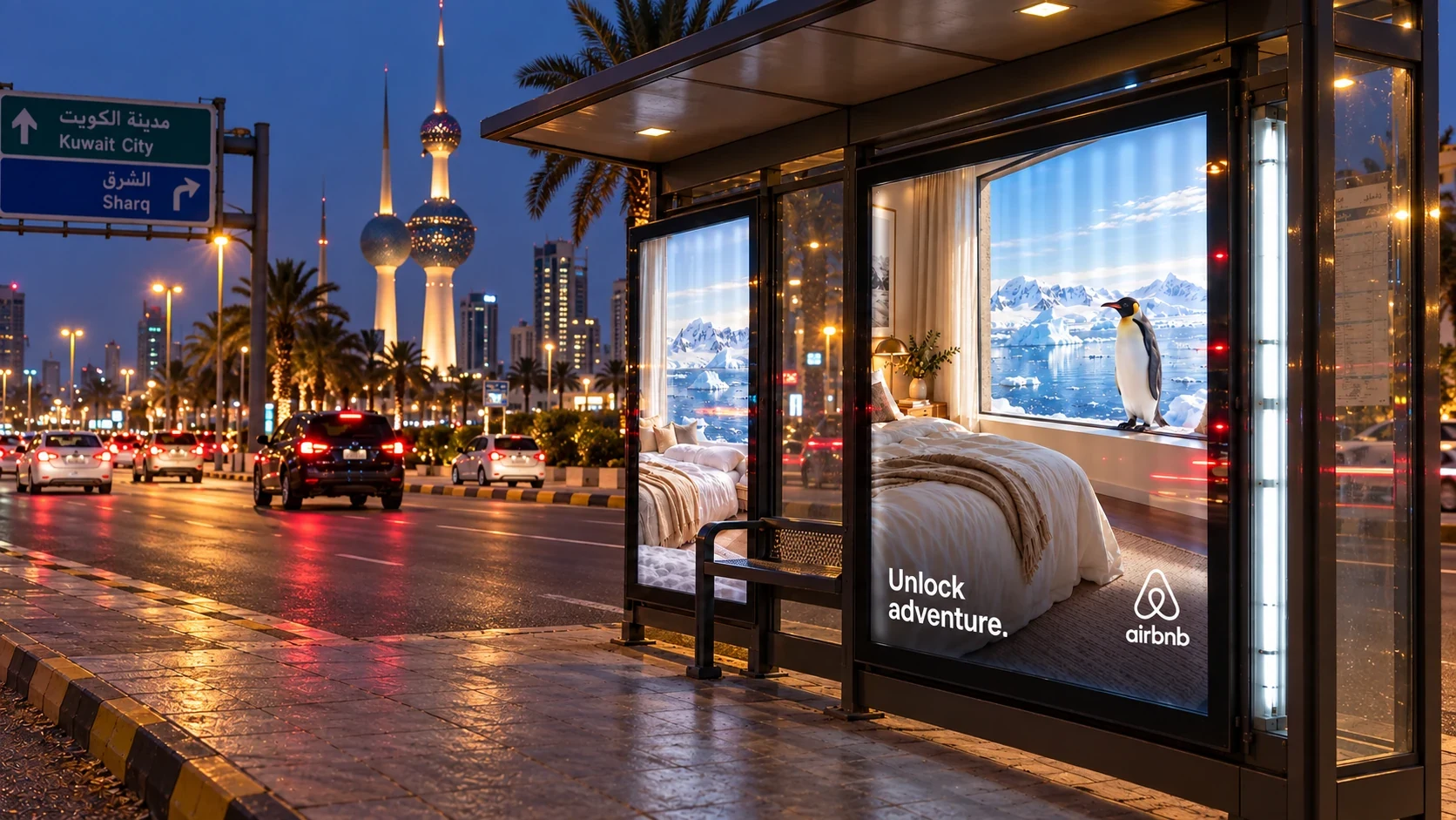 Airbnb penguin campaign in an illuminated Kuwait City bus shelter with Kuwait Towers, fluorescent light bands and glass reflections
