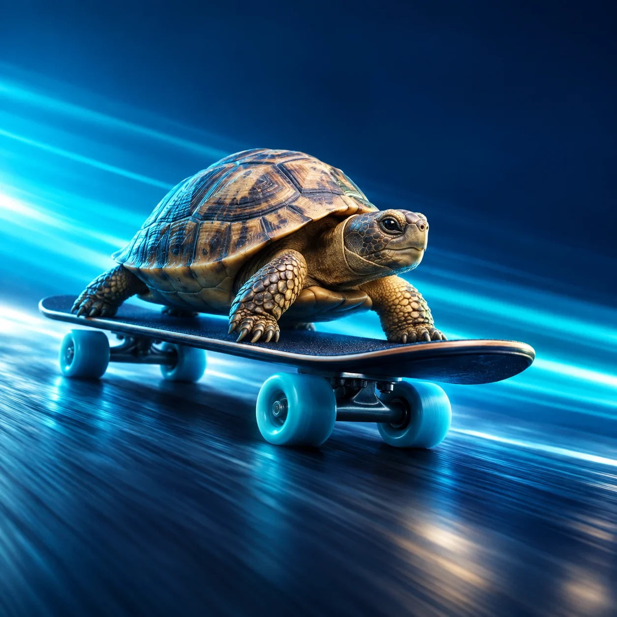 Tortoise riding a skateboard in a blue motion field