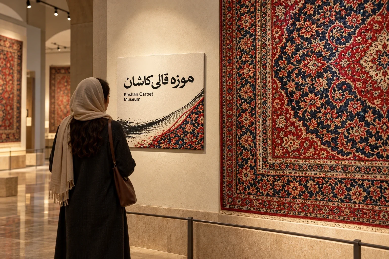 بازدیدکننده در حال خواندن تابلوی موزه کنار قالی
