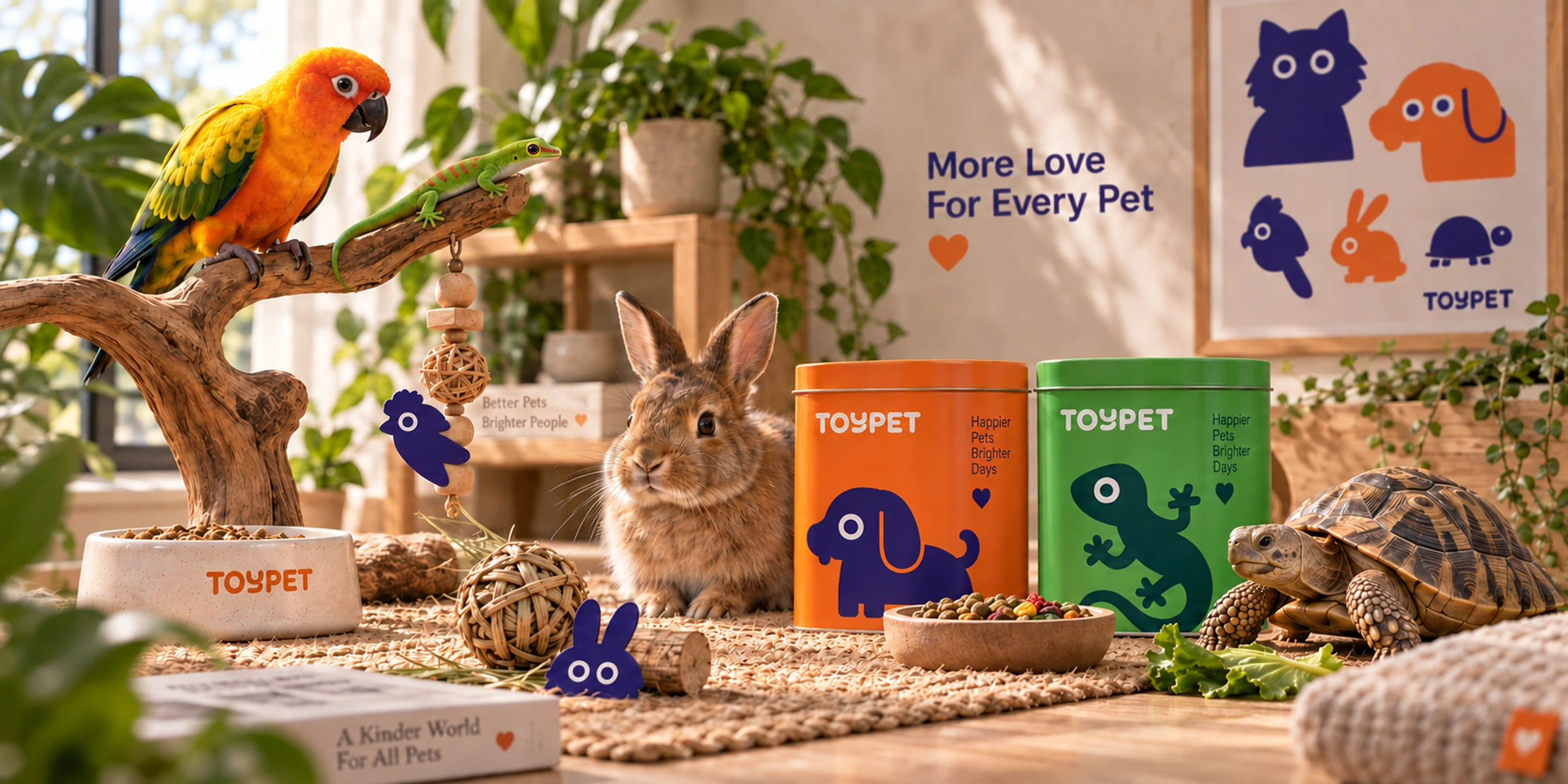 Sun conure, rabbit, tortoise and green gecko in a warm ToyPet care environment