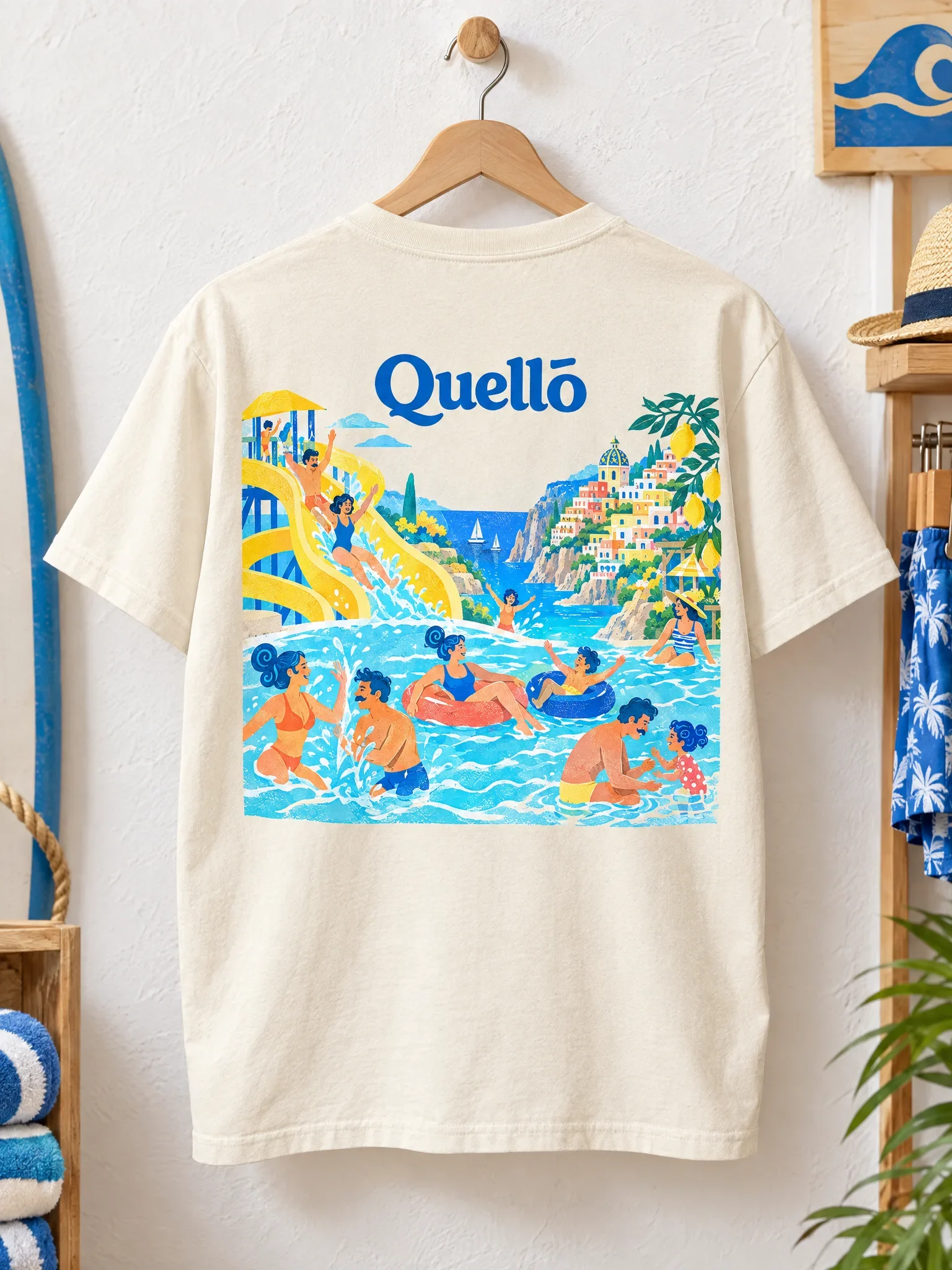 Quello cream T-shirt printed with the colourful water-park scene and blue wordmark
