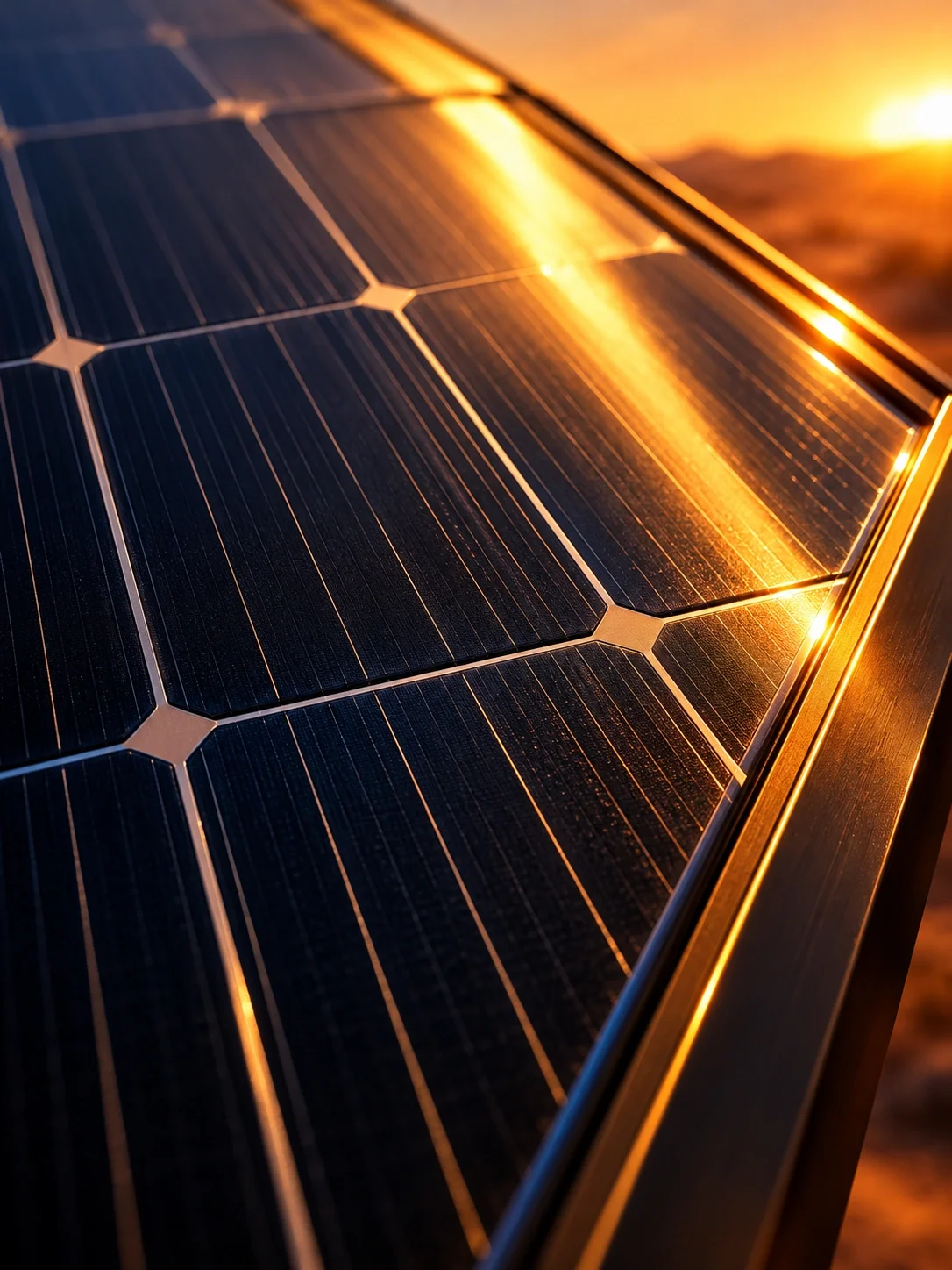 Close detail of photovoltaic cells, conductor lines and metallic frame.