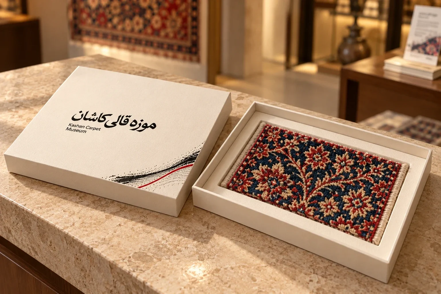 نمونهٔ قالی در جعبهٔ سخت موزه