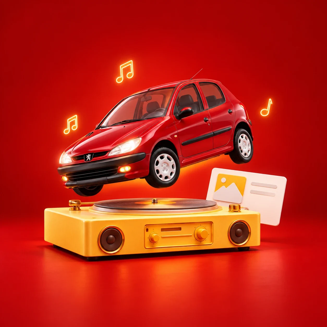 Red compact car hovering above a yellow turntable
