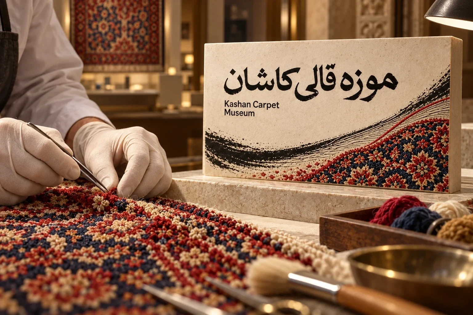 فضای مرمت قالی با گرافیک موزه