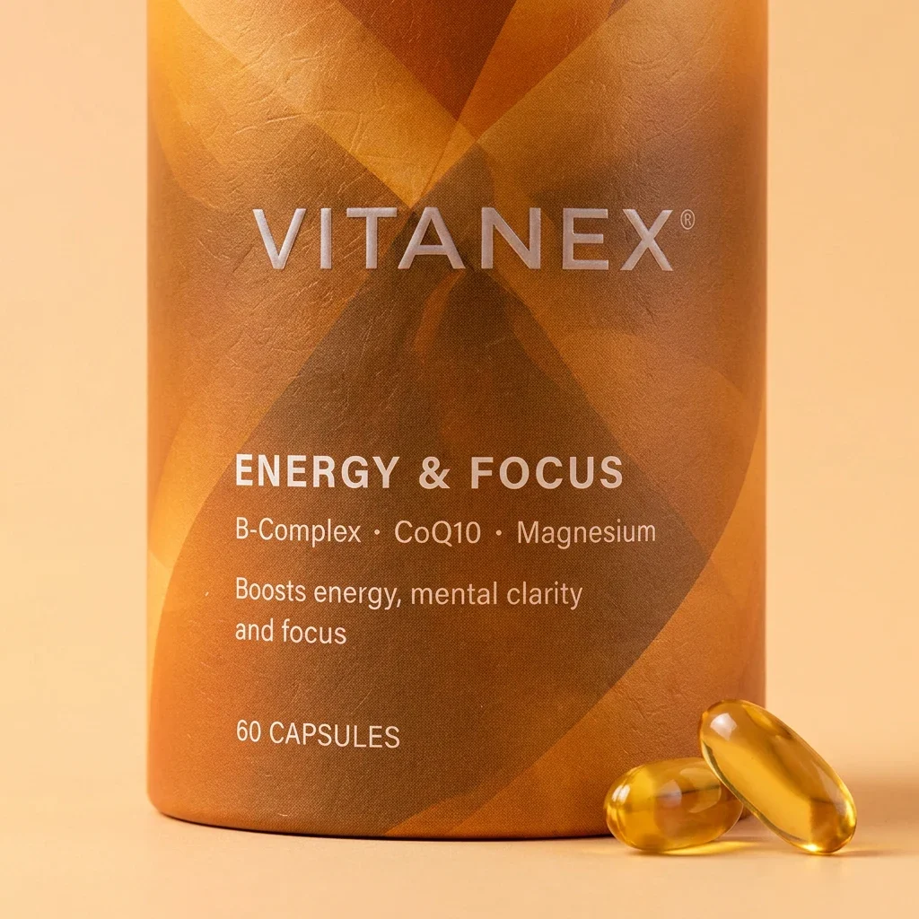 Close-up of orange Vitanex Energy and Focus packaging with softgels