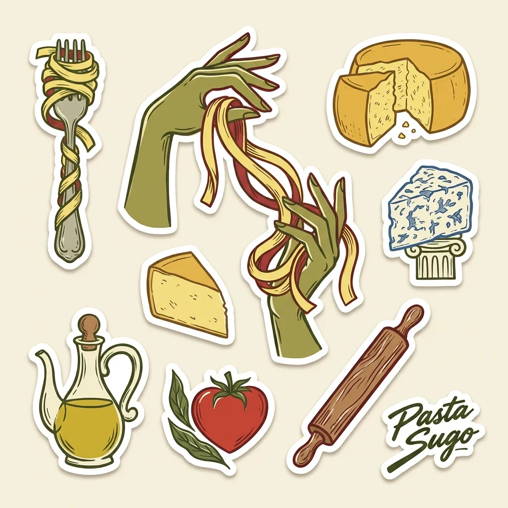 Illustrated pasta, cheese, tomato, olive oil and rolling-pin sticker system