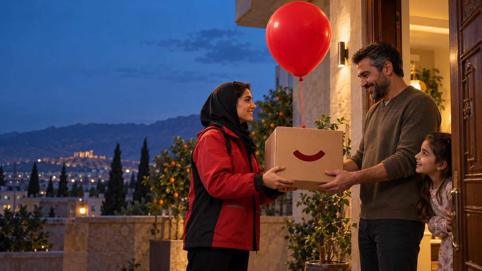 An Iranian courier delivers the Digikala smile box to a father and daughter at home in Shiraz