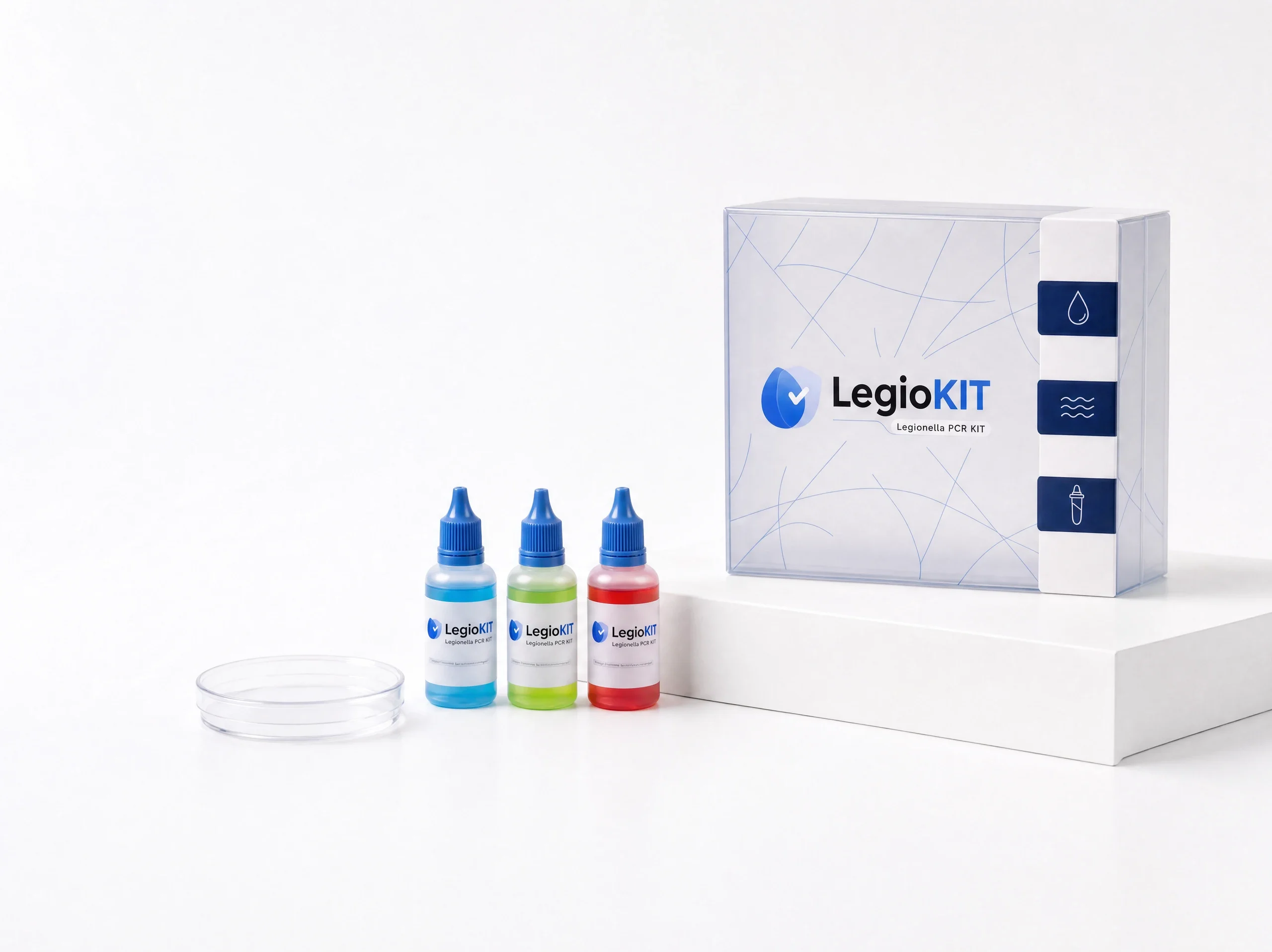 LegioKIT packaging and three bottles arranged on white display plinths