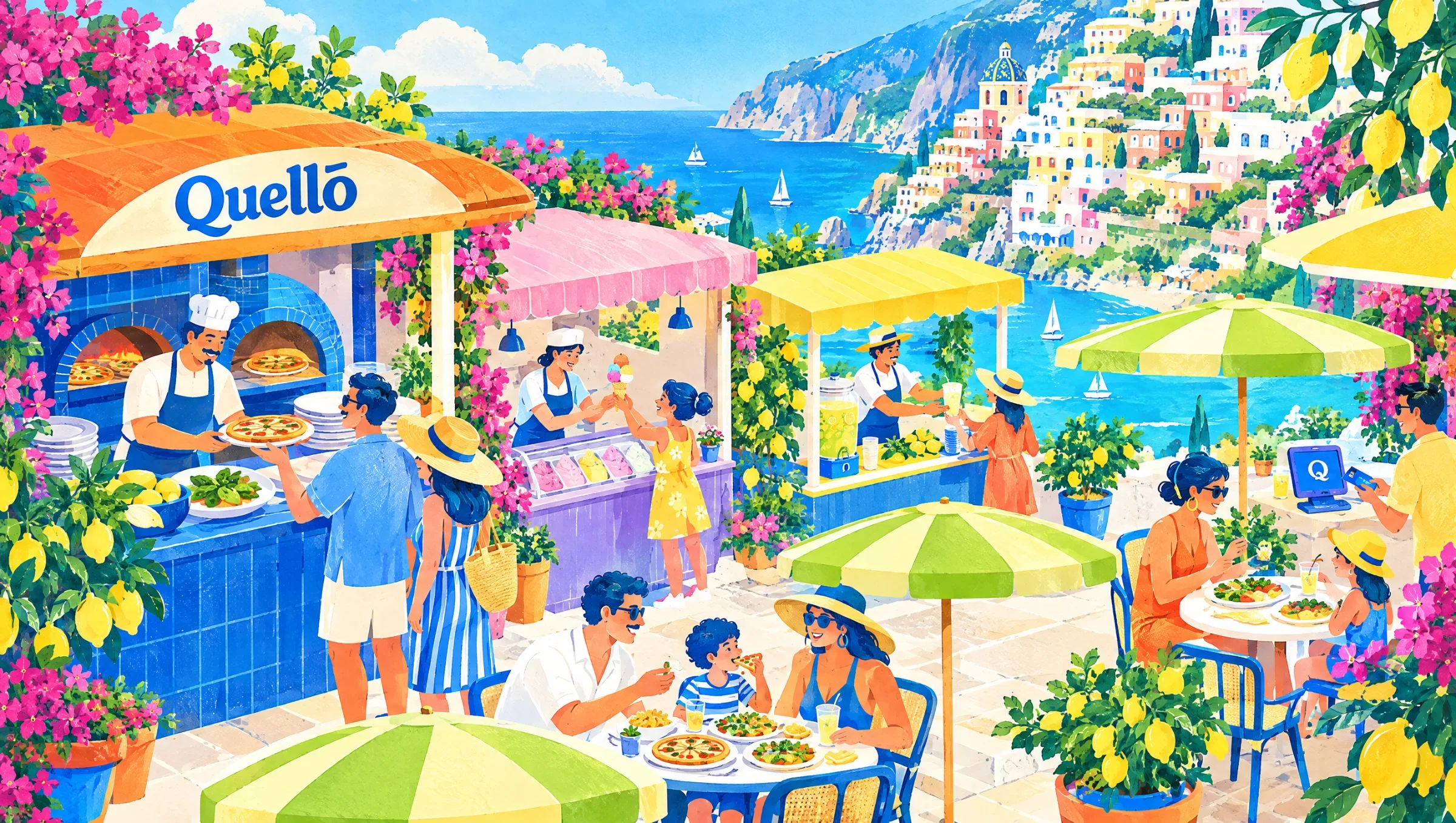 Colourful Quello illustration of a poolside food court with visitors, parasols, foliage and coastal buildings