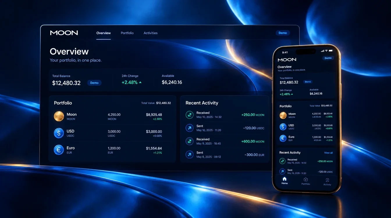 Moon desktop and mobile overview screen concepts shown together