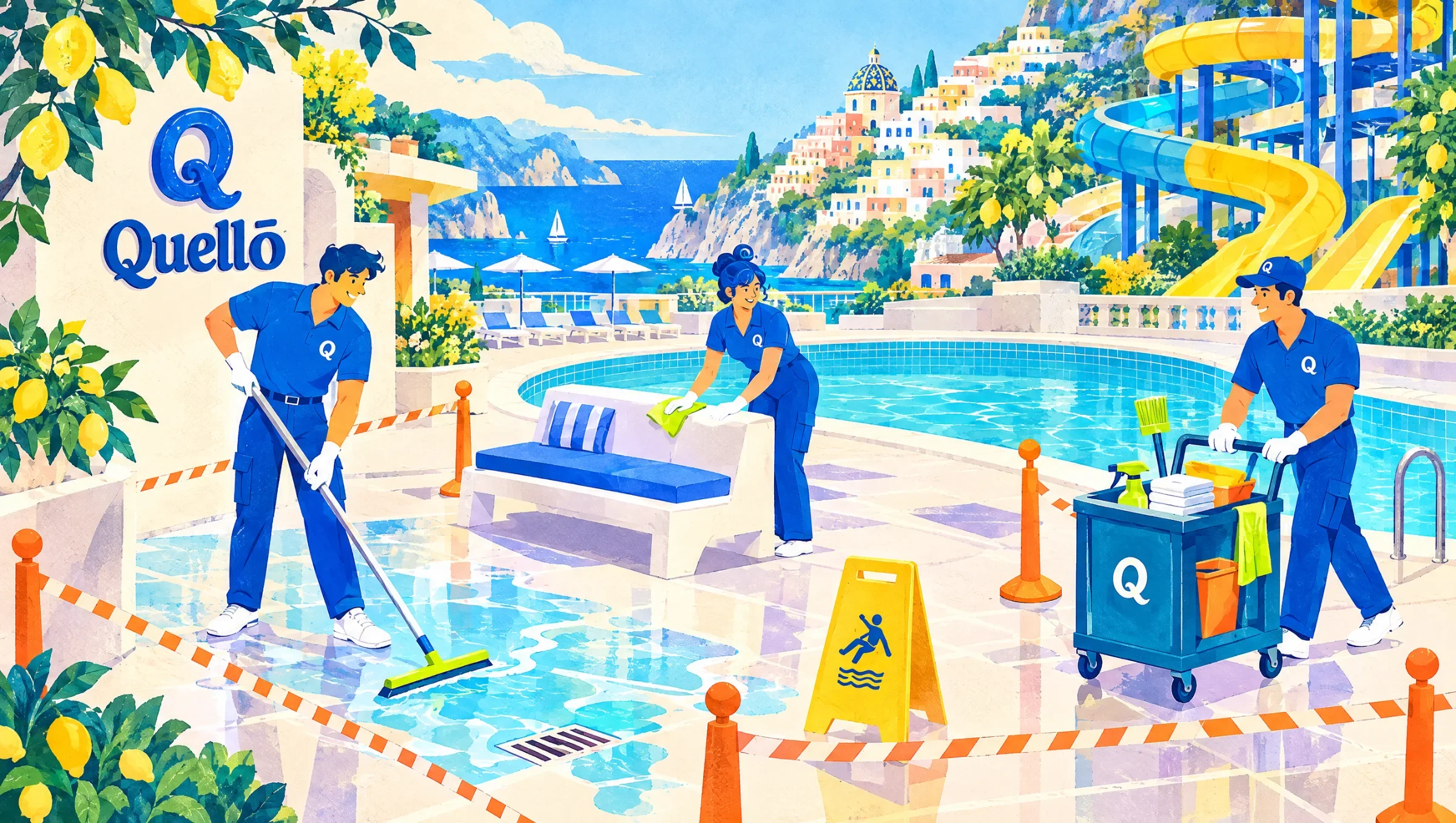 Quello park-team illustration showing blue uniforms, a cleaning trolley and poolside equipment in a coastal water park