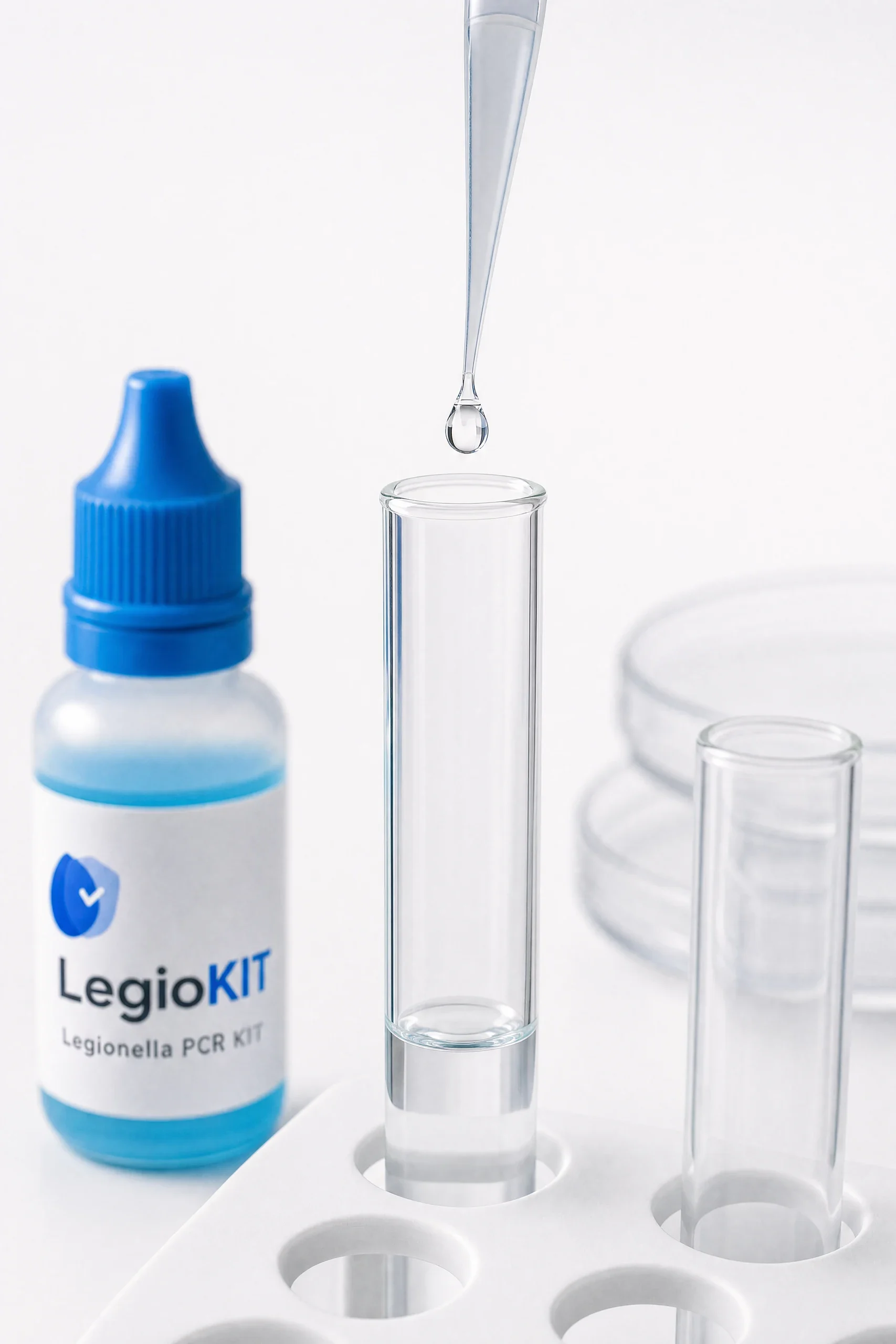 Blue LegioKIT reagent bottle beside a test tube and pipette