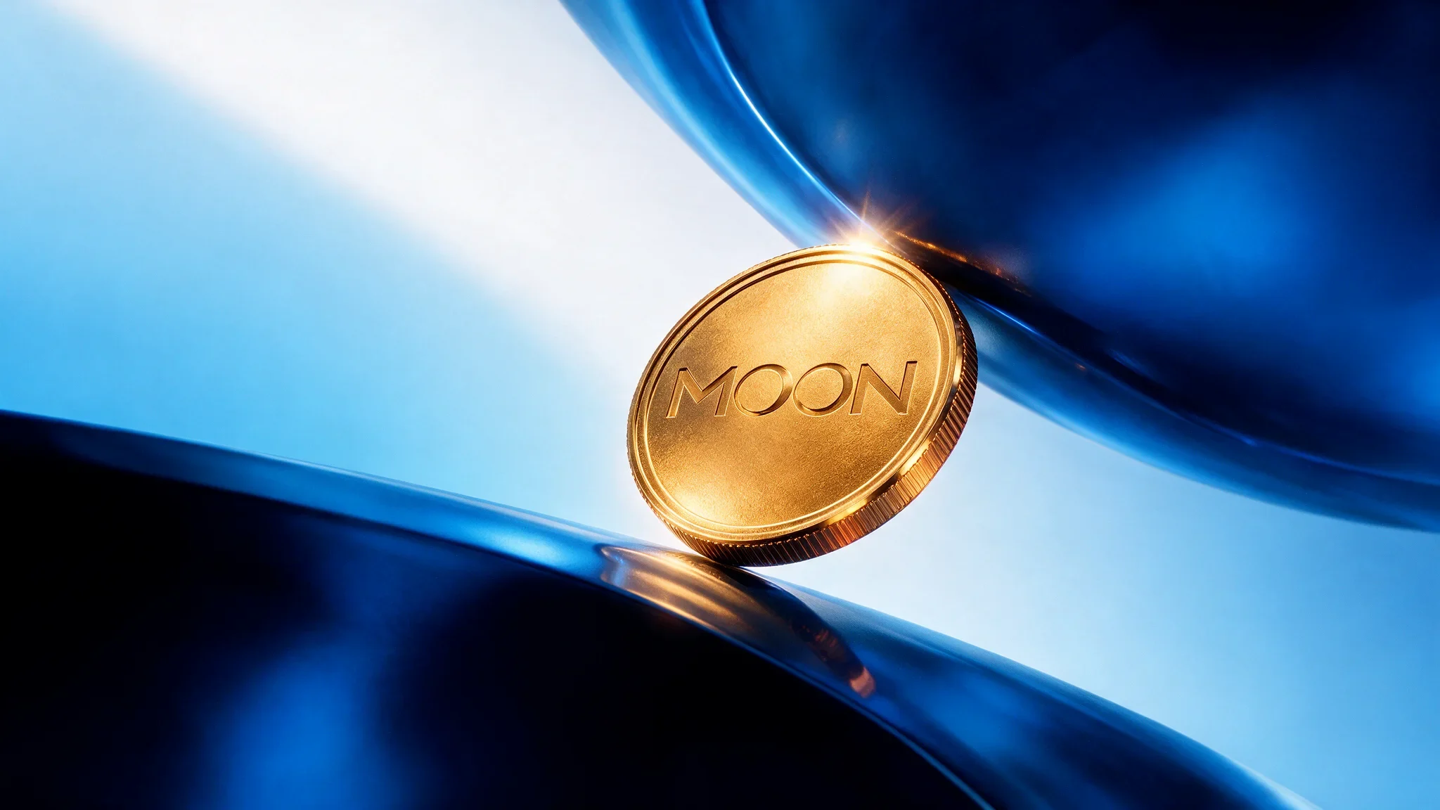 Gold Moon coin set against a luminous curved blue surface