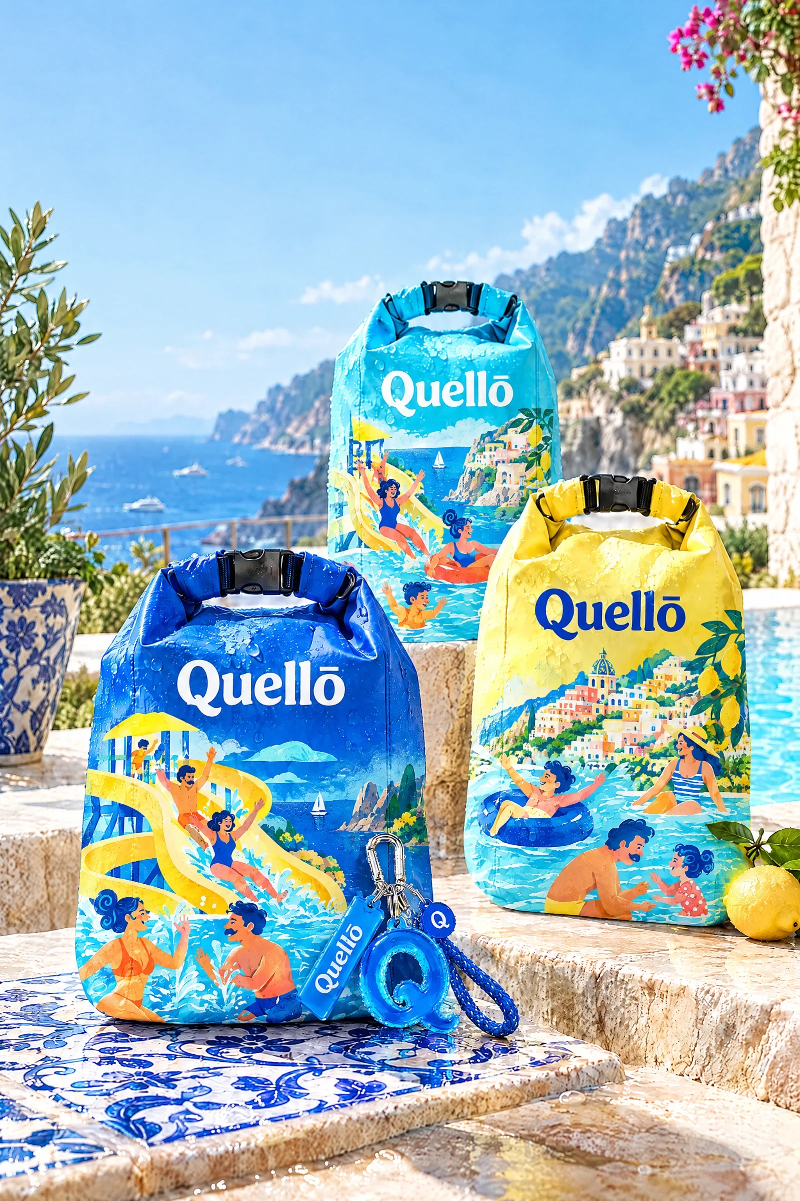 Quello illustrated bottle, branded bags, Q keyring and matching accessories against a coastal pool setting