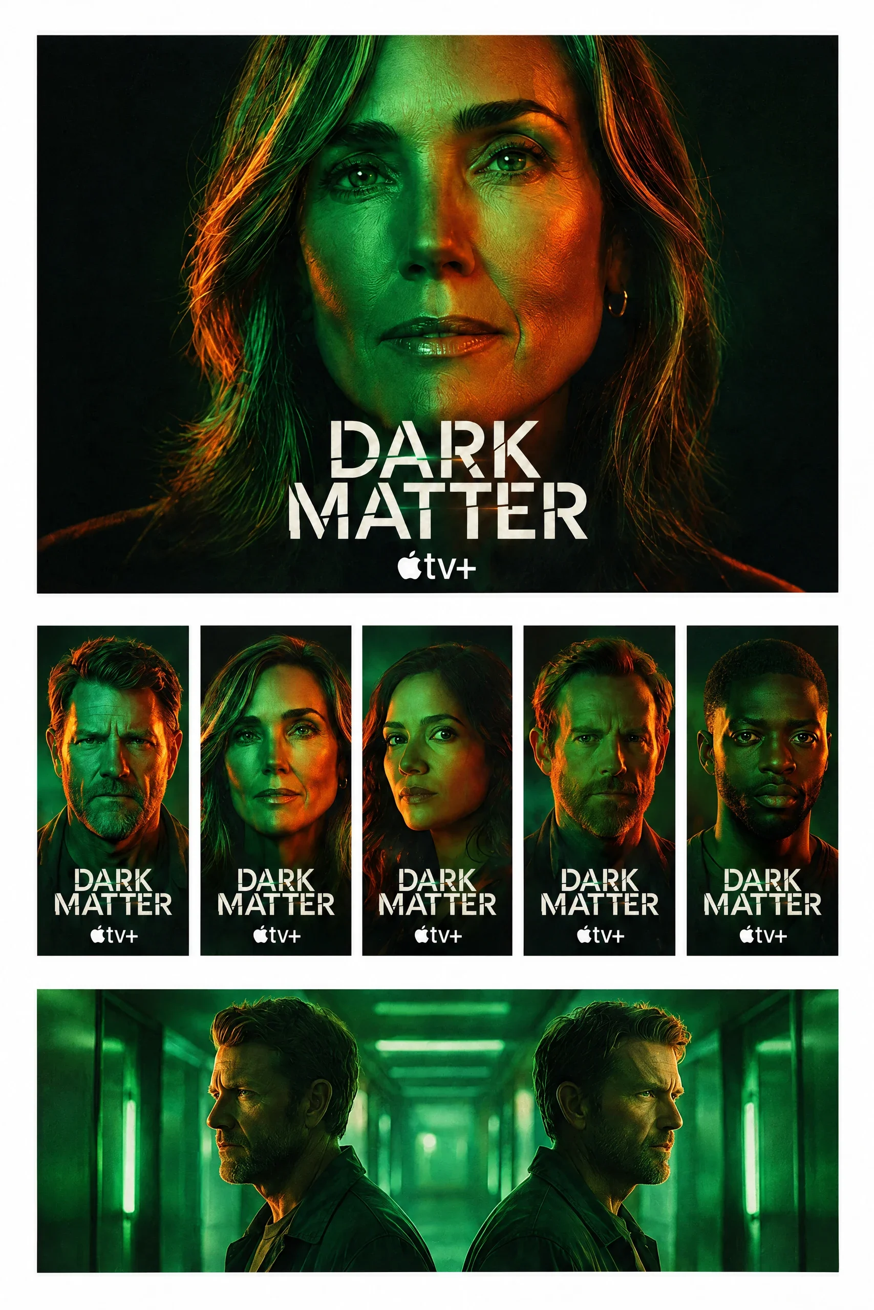 Dark Matter identity board with character posters and a mirrored corridor composition