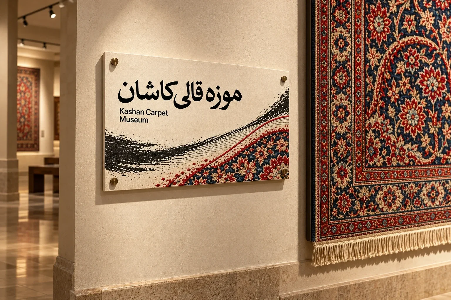 تابلوی موزه با گرافیک نخ کنار یک قالی