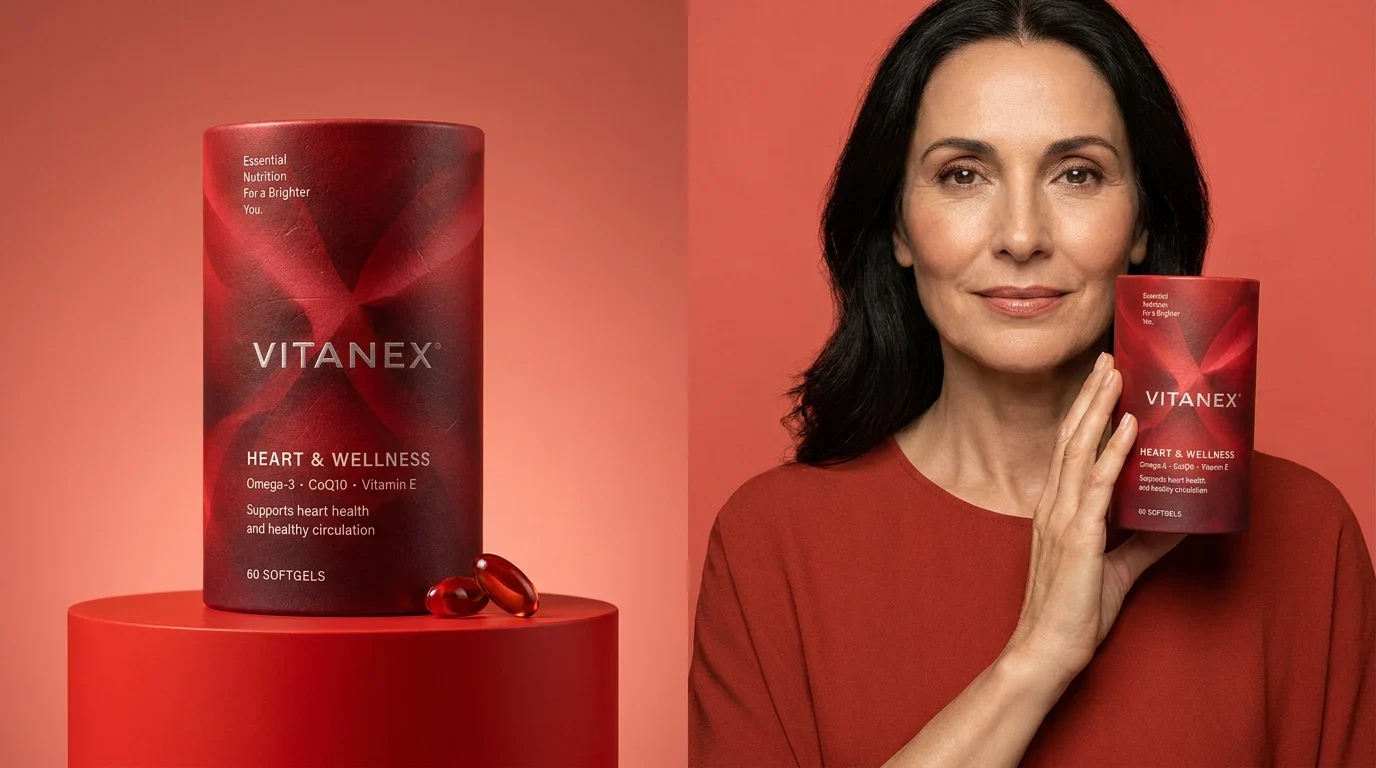 Red Vitanex Heart and Wellness packaging beside a portrait holding the product