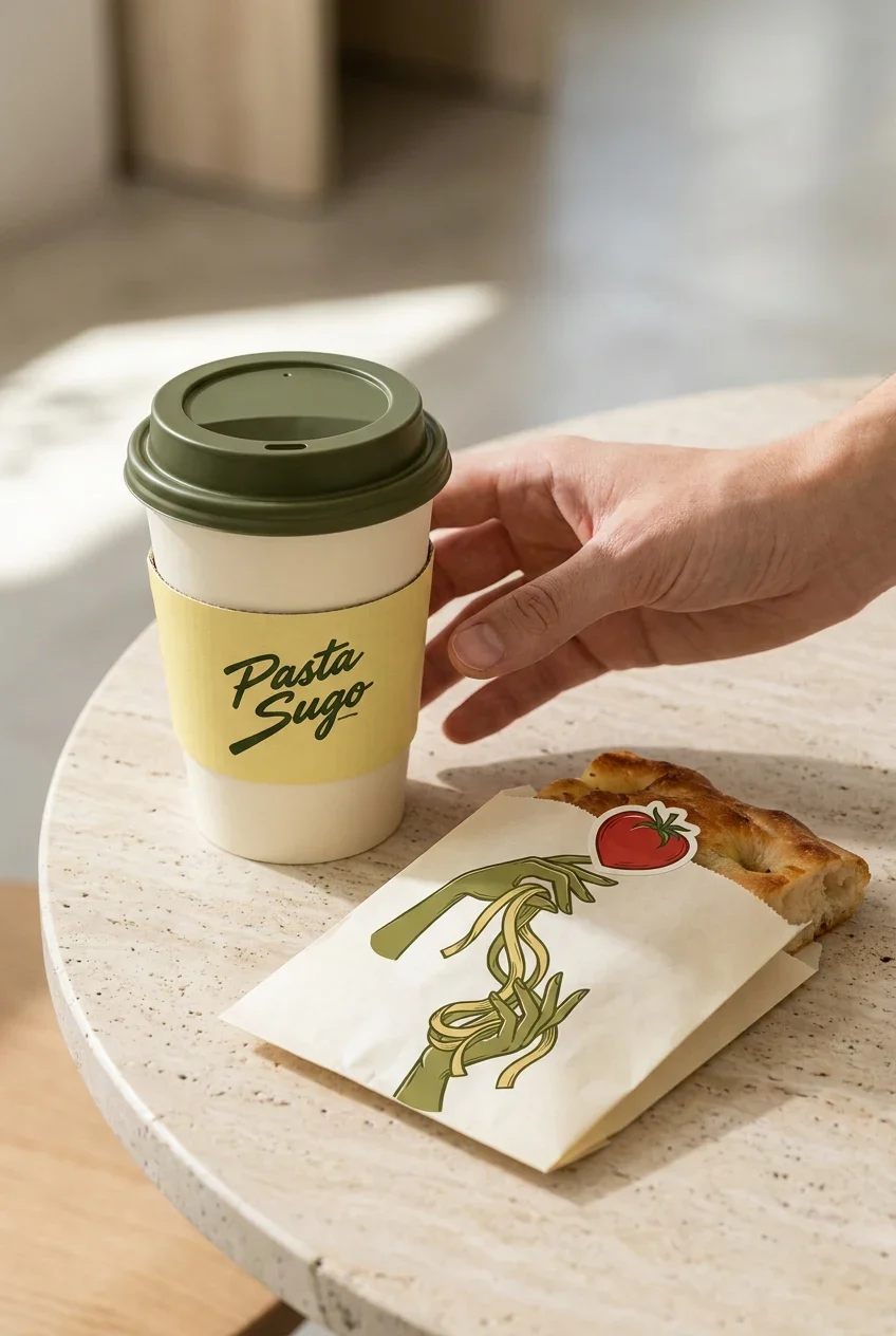 Branded coffee cup and bakery sleeve with pasta and tomato illustrations