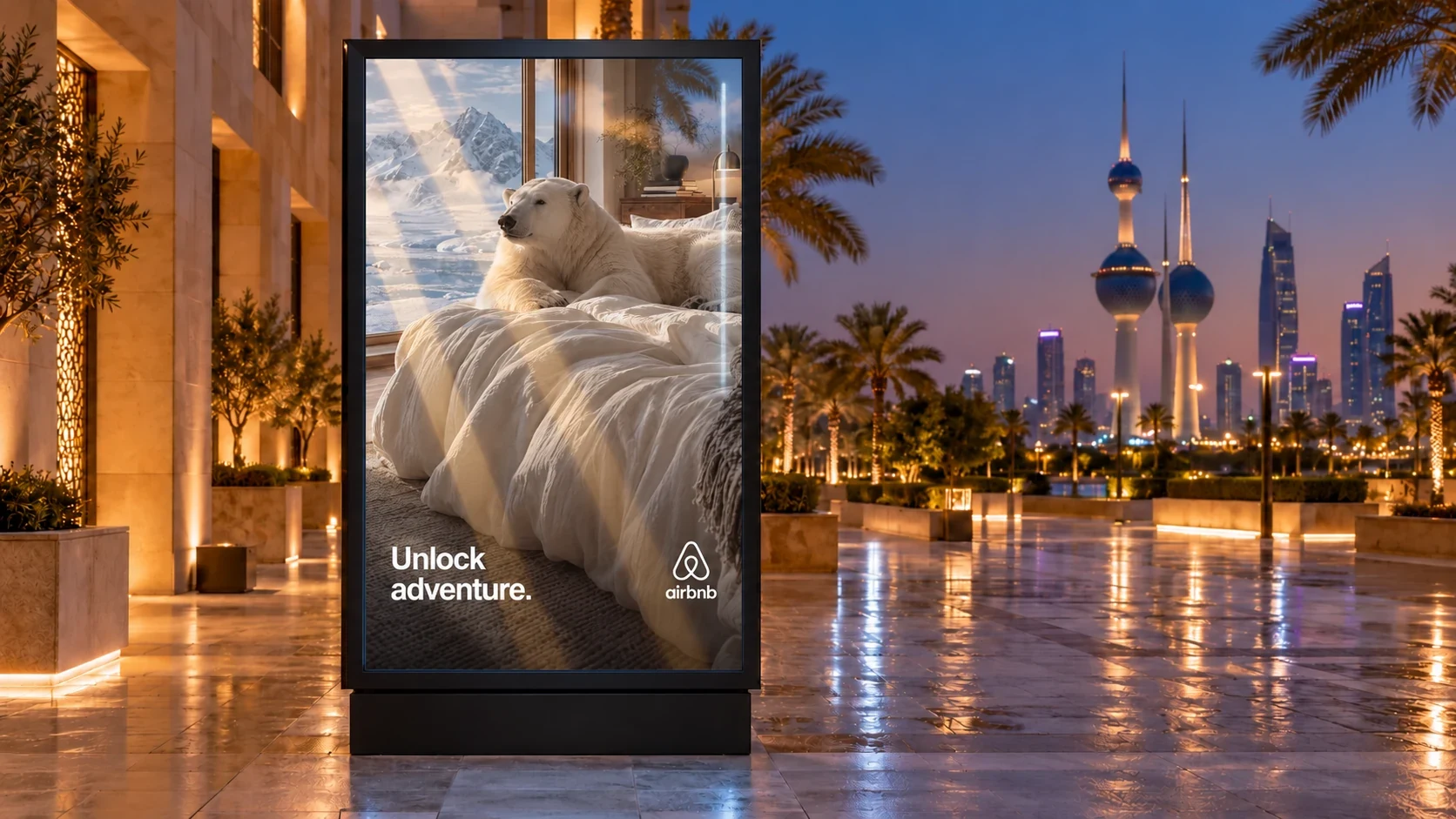 Airbnb polar bear campaign in a reflective illuminated display in a Kuwait City plaza