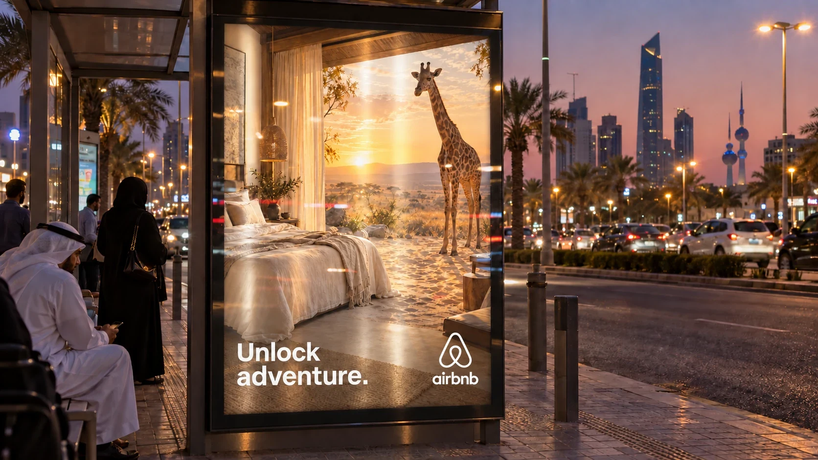Airbnb giraffe campaign in a reflective backlit Kuwait City bus shelter presentation mockup