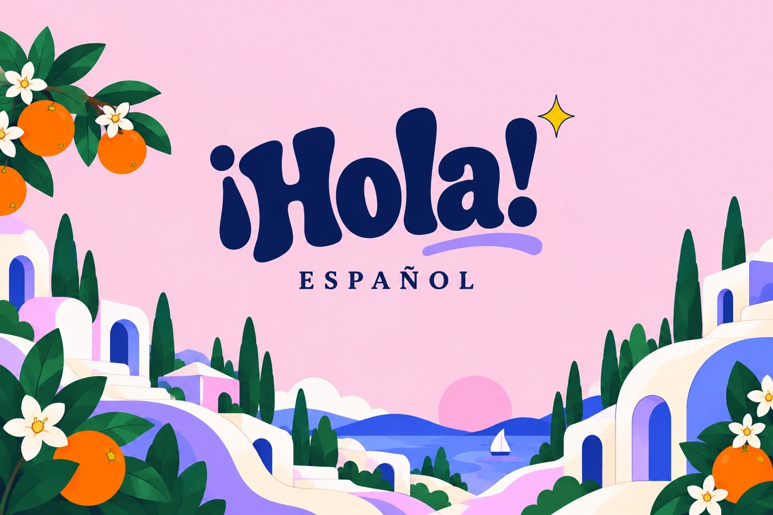 لوگوتایپ آبی تیرهٔ Hola بر فراز منظرهٔ ساحلی بنفش و شکوفه‌های پرتقال.