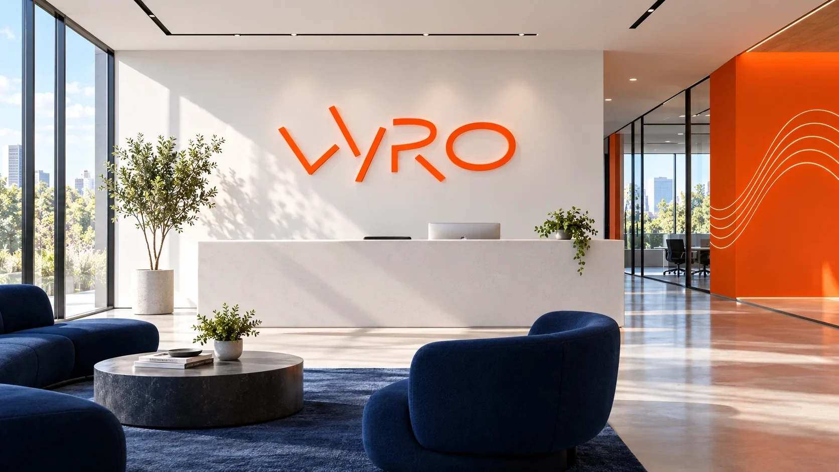 لوگوتایپ نارنجی Vyro در فضای روشن پذیرش
