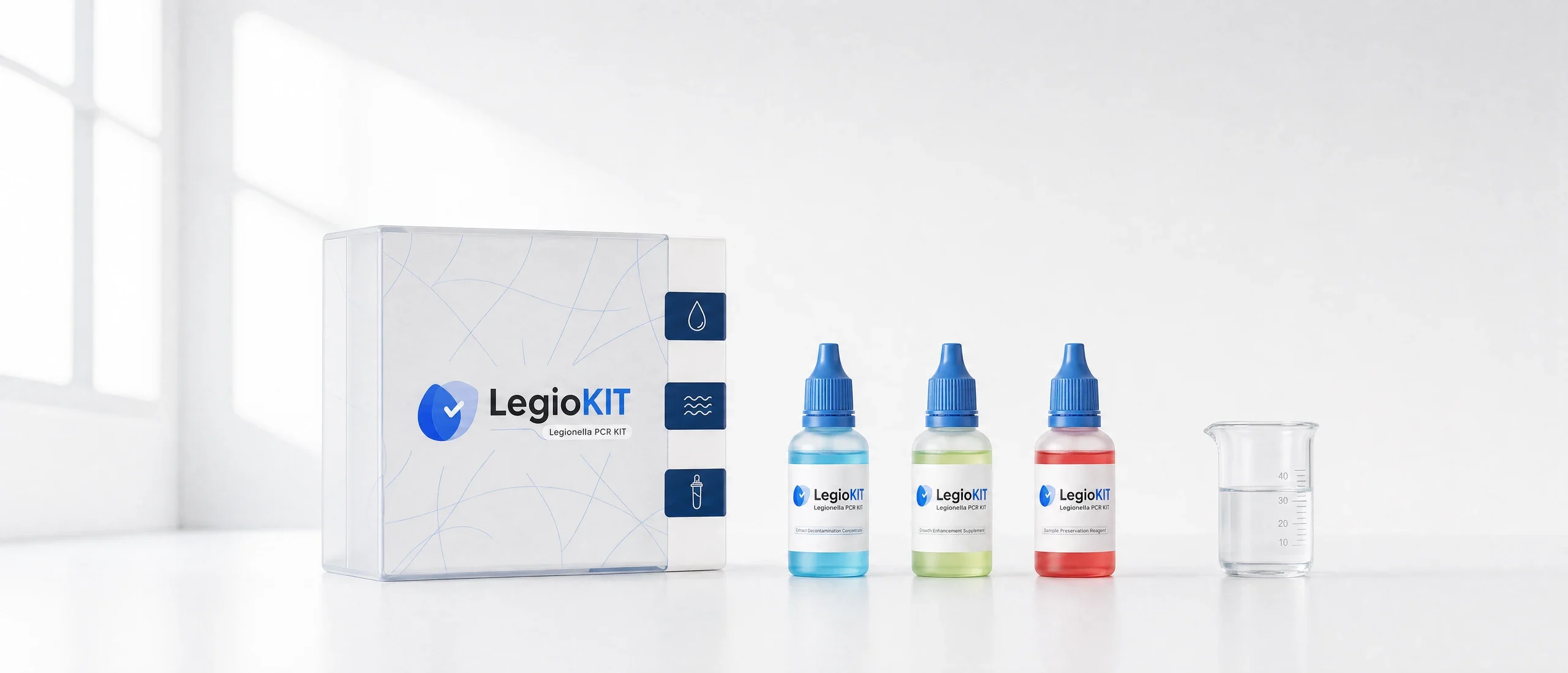 LegioKIT packaging and reagent family in a light-filled laboratory setting