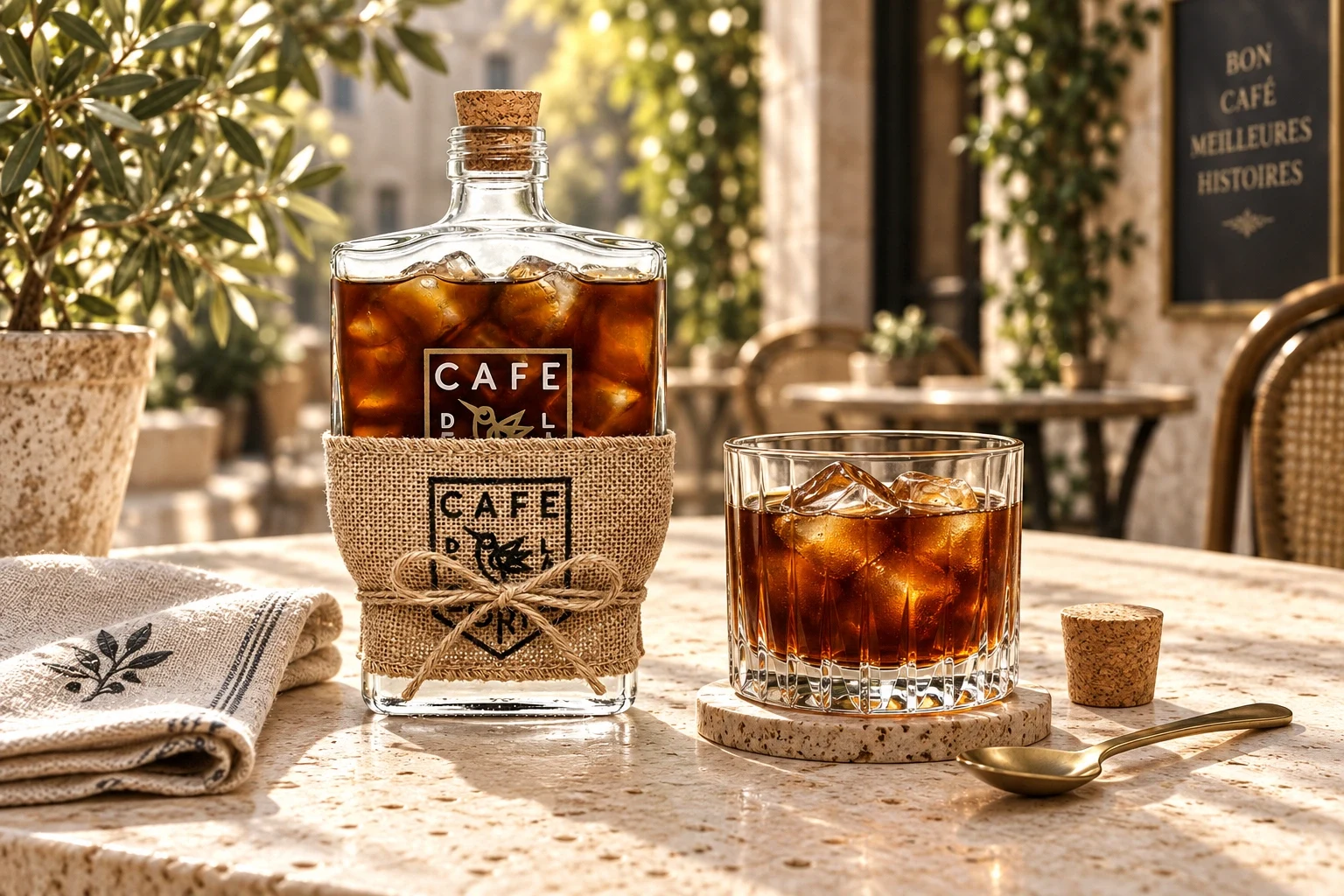 Café De La Corte bottle and iced coffee on a sunlit stone table