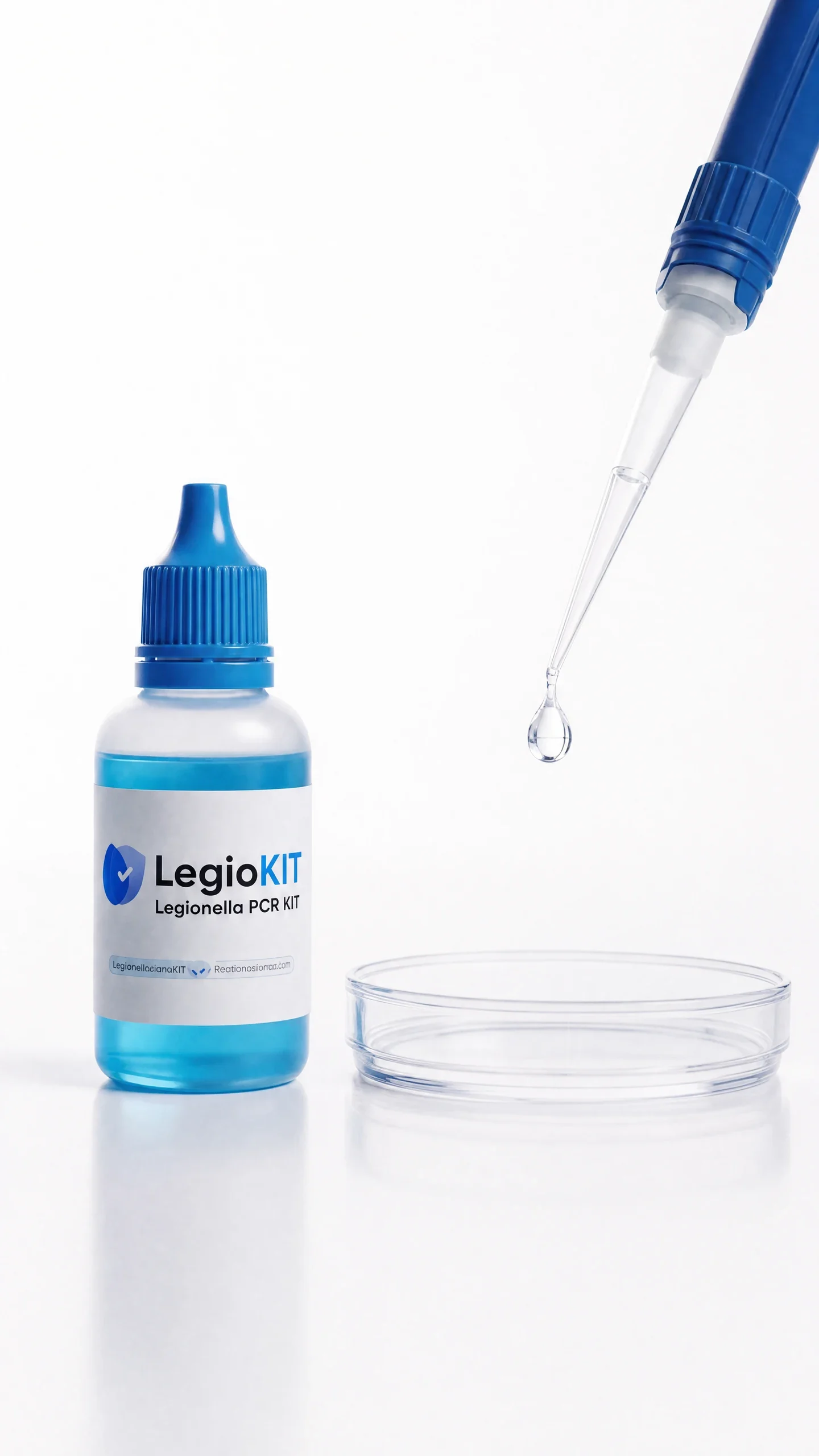 Blue LegioKIT bottle with pipette droplet above a petri dish