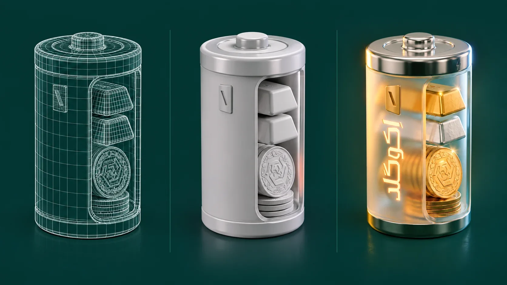 EcoGold battery artwork shown as wireframe, neutral model and final metallic render