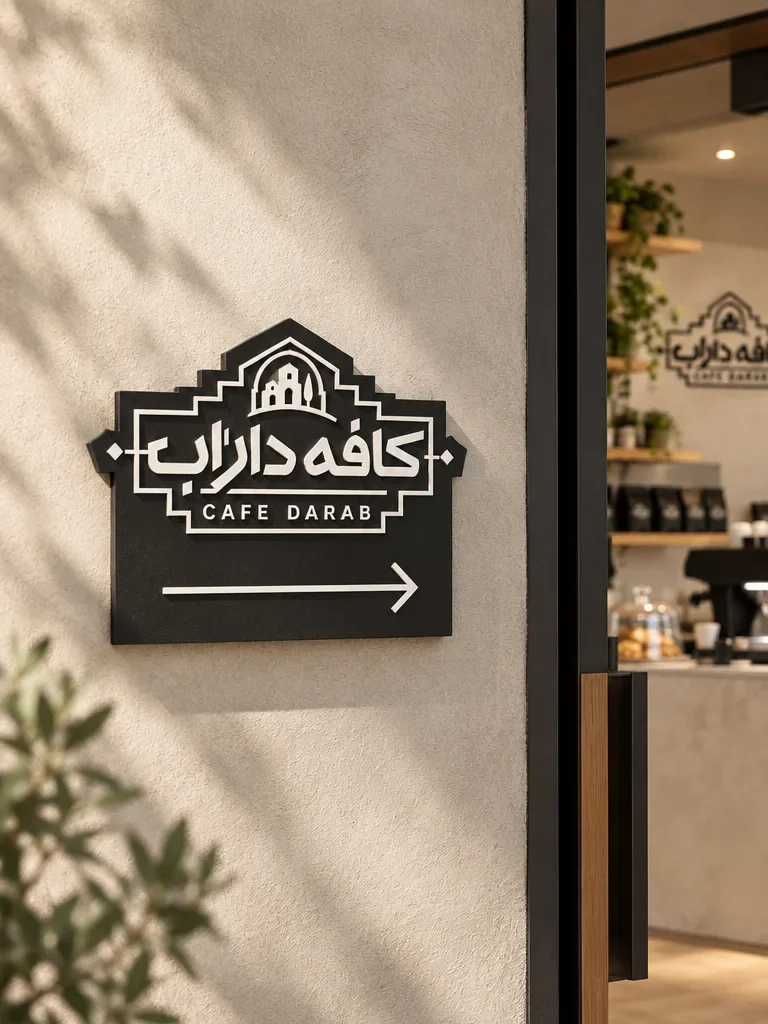 Design visualisation of a black Café Darab entrance sign with a white logo and directional arrow.