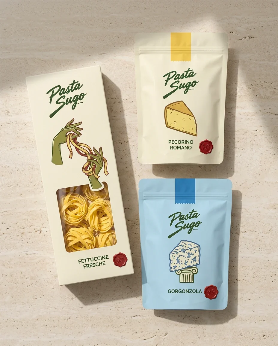 Fresh fettuccine box with Pecorino Romano and Gorgonzola pouches