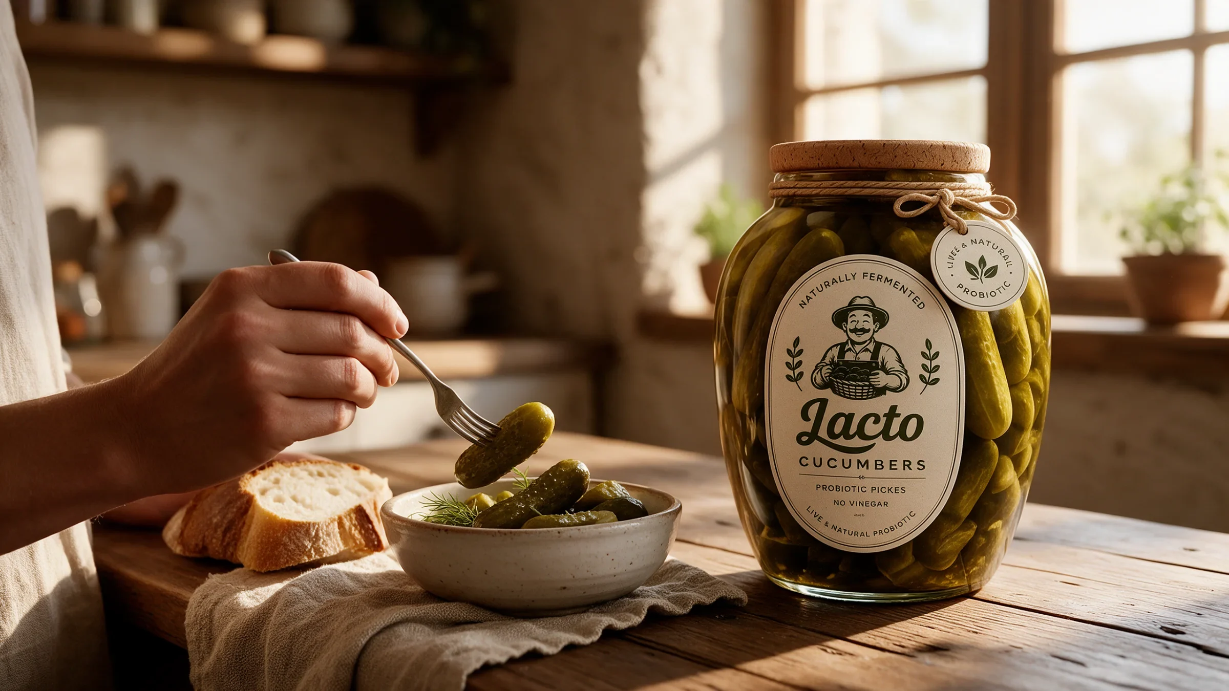 Lacto cucumber jar beside sliced bread and a bowl of cucumbers at a kitchen table