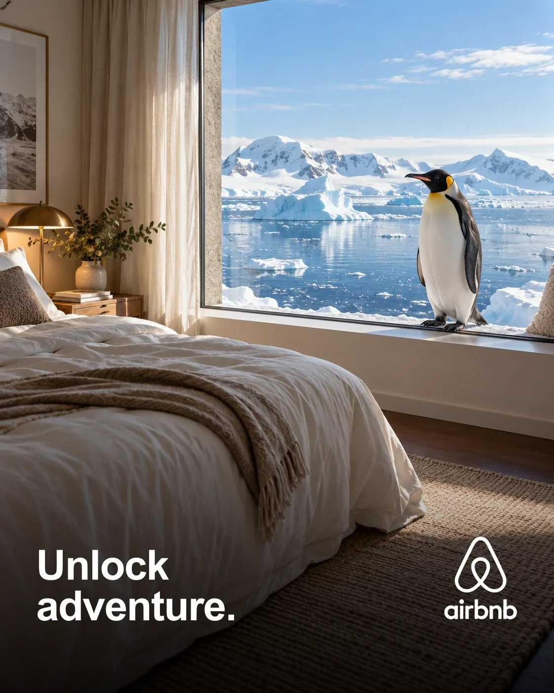 Airbnb Unlock Adventure visual: a penguin by a bedroom window overlooking Antarctica