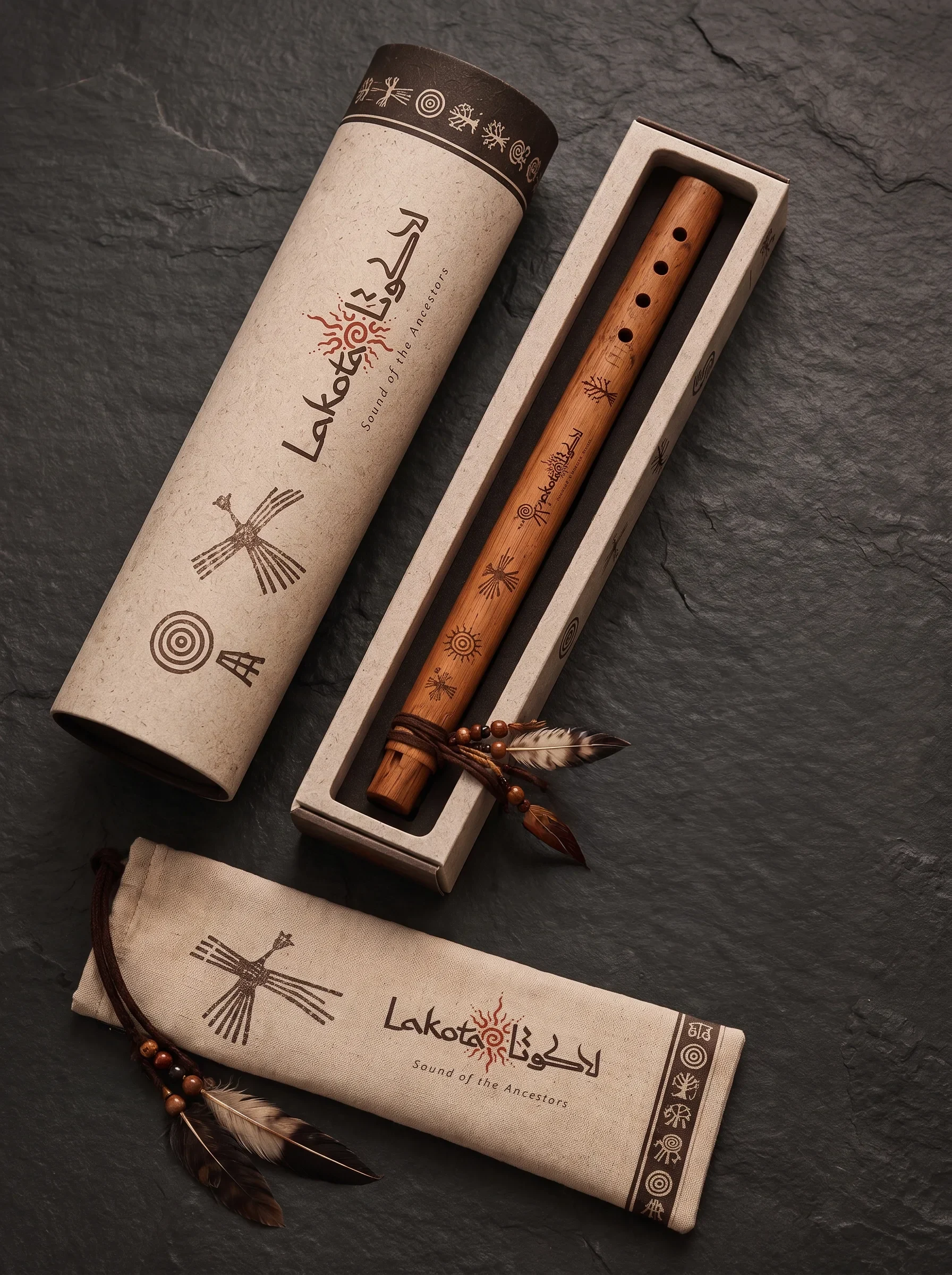 Wooden flute in an open box beside its printed pouch