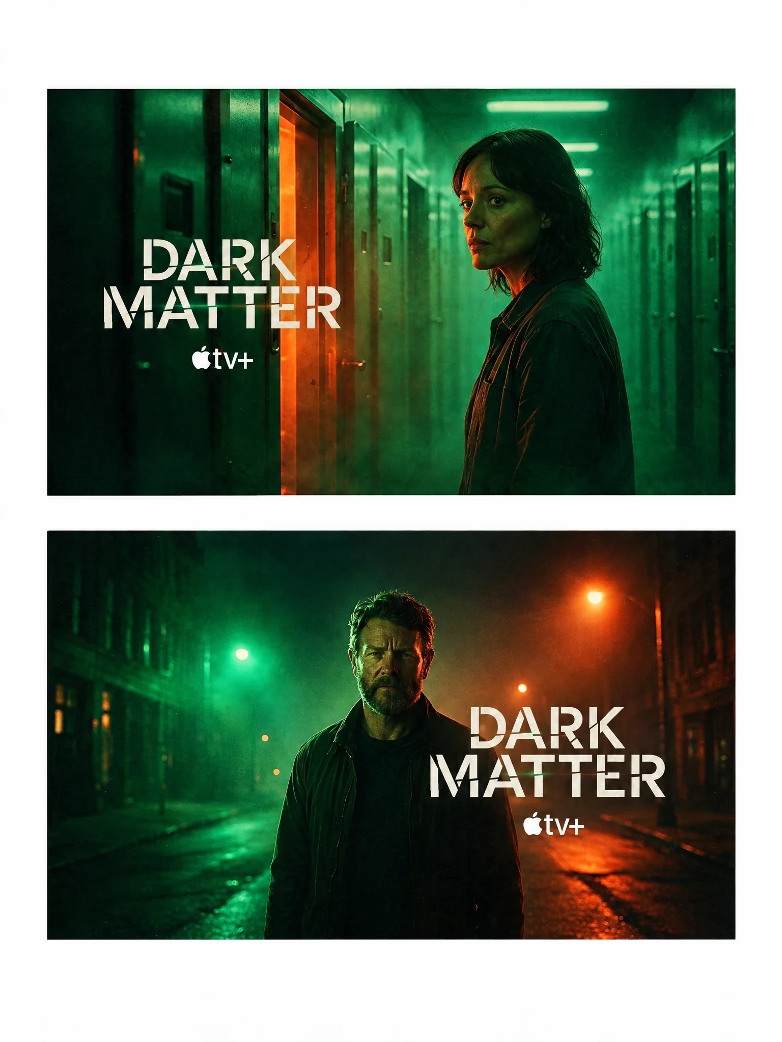 Two landscape Dark Matter posters showing a corridor and a night street