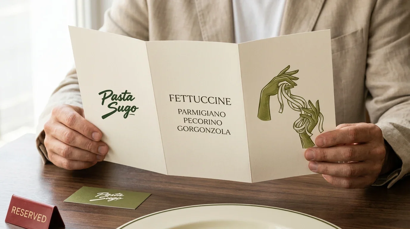 Guest holding a folded Pasta Sugo menu at a restaurant table