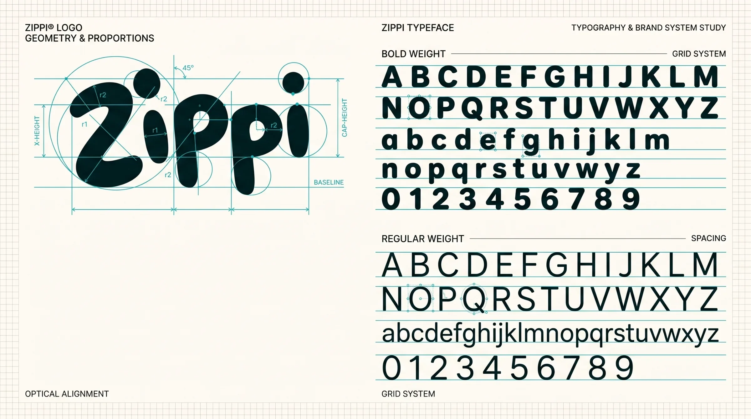 Zippi wordmark proportion study beside bold and regular alphabet specimens on a cream grid.